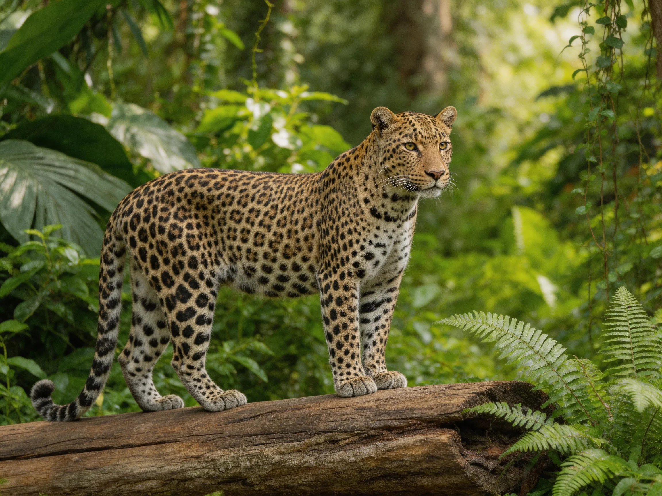 A spotted leopard stands on a weathered log amid lush green foliage