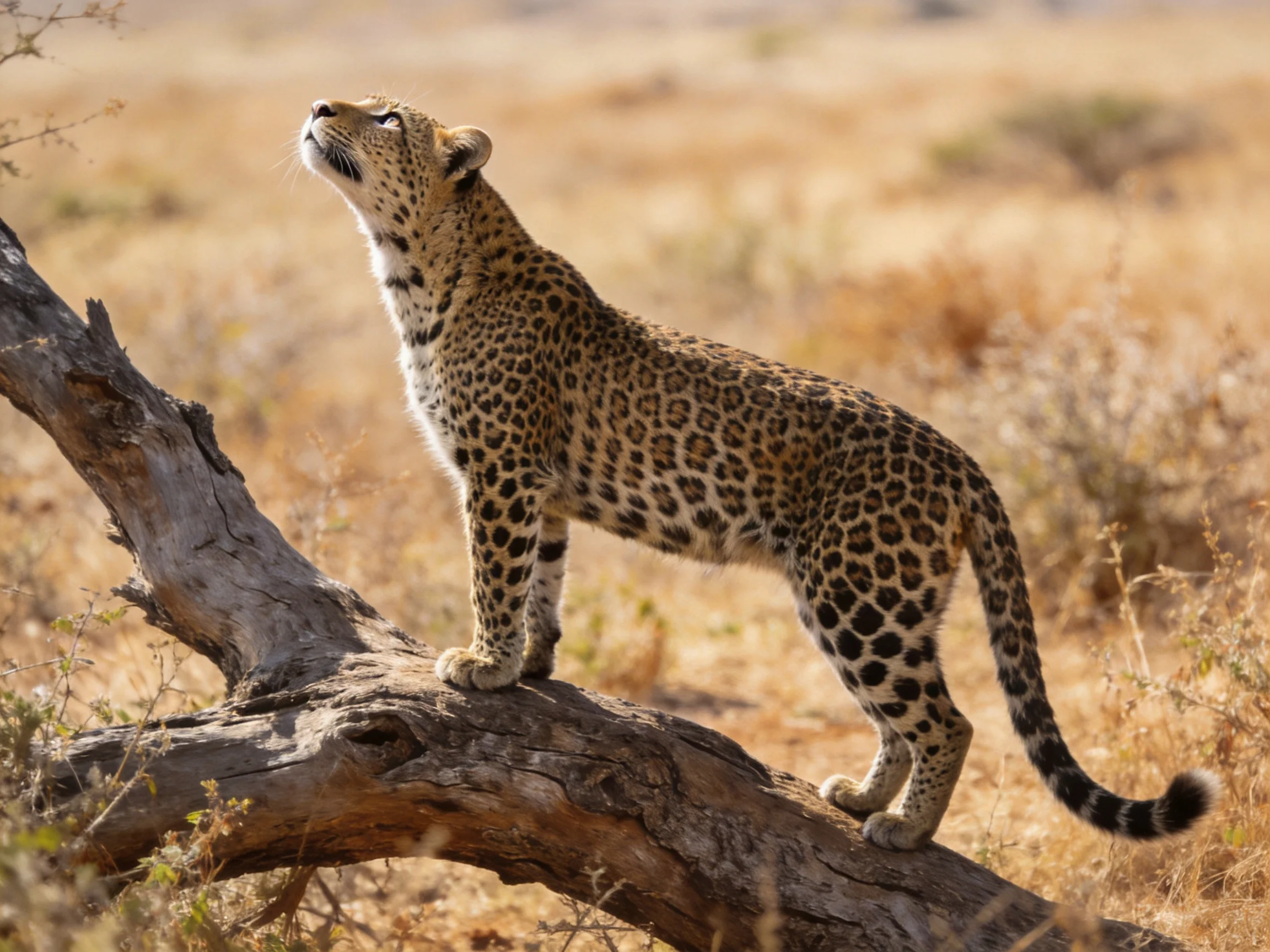 A spotted leopard stands on a weathered tree trunk in a dry savannah