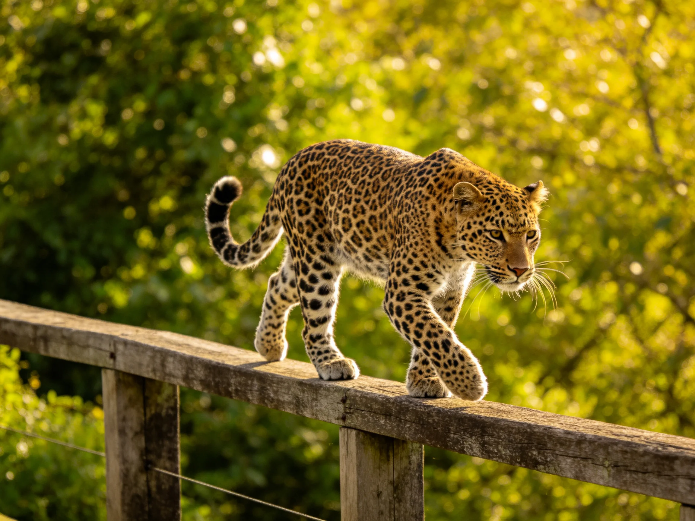 A spotted leopard traverses a weathered wooden railing near lush greenery