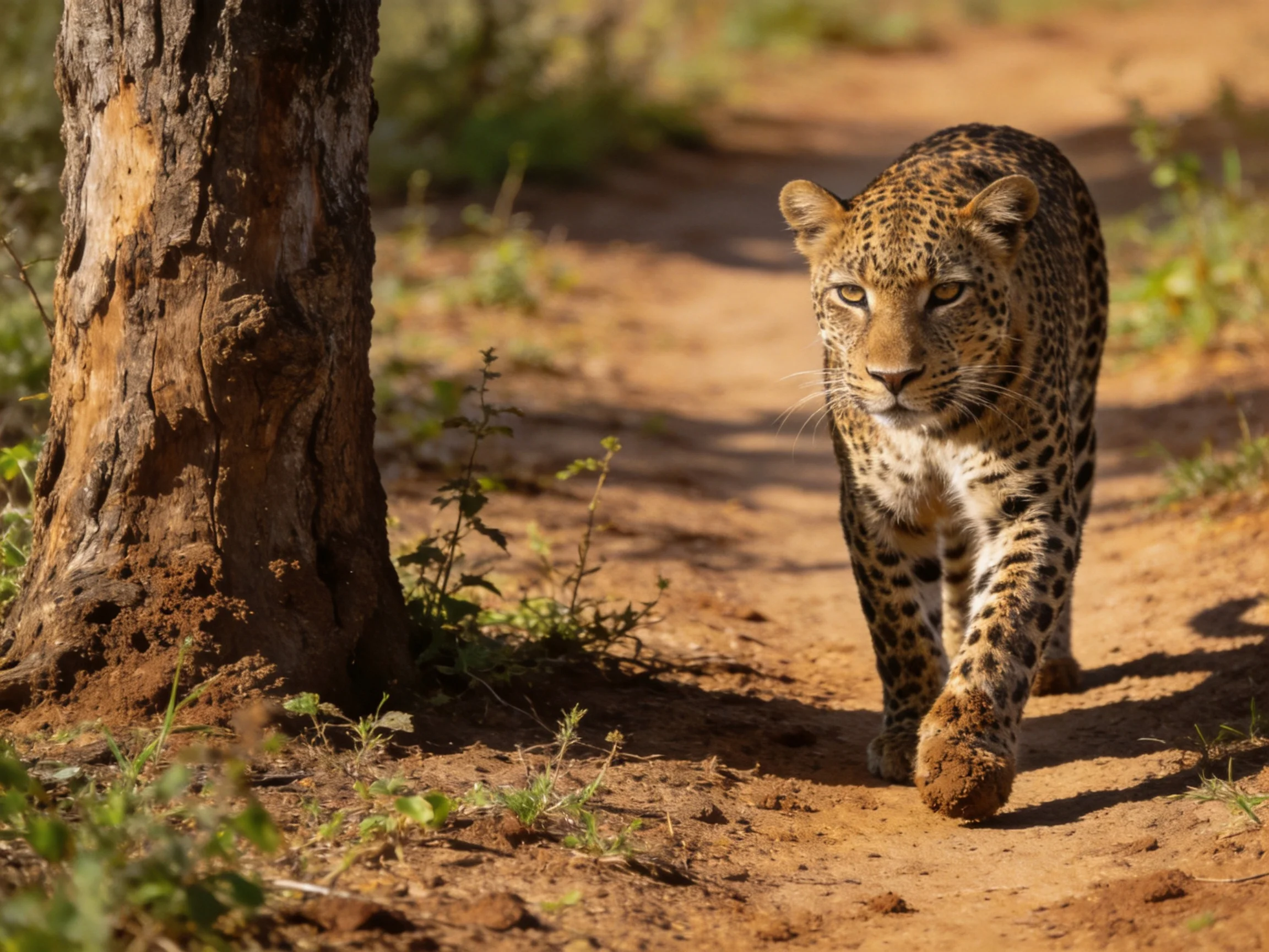 A spotted leopard walks along a dusty path near an aged tree