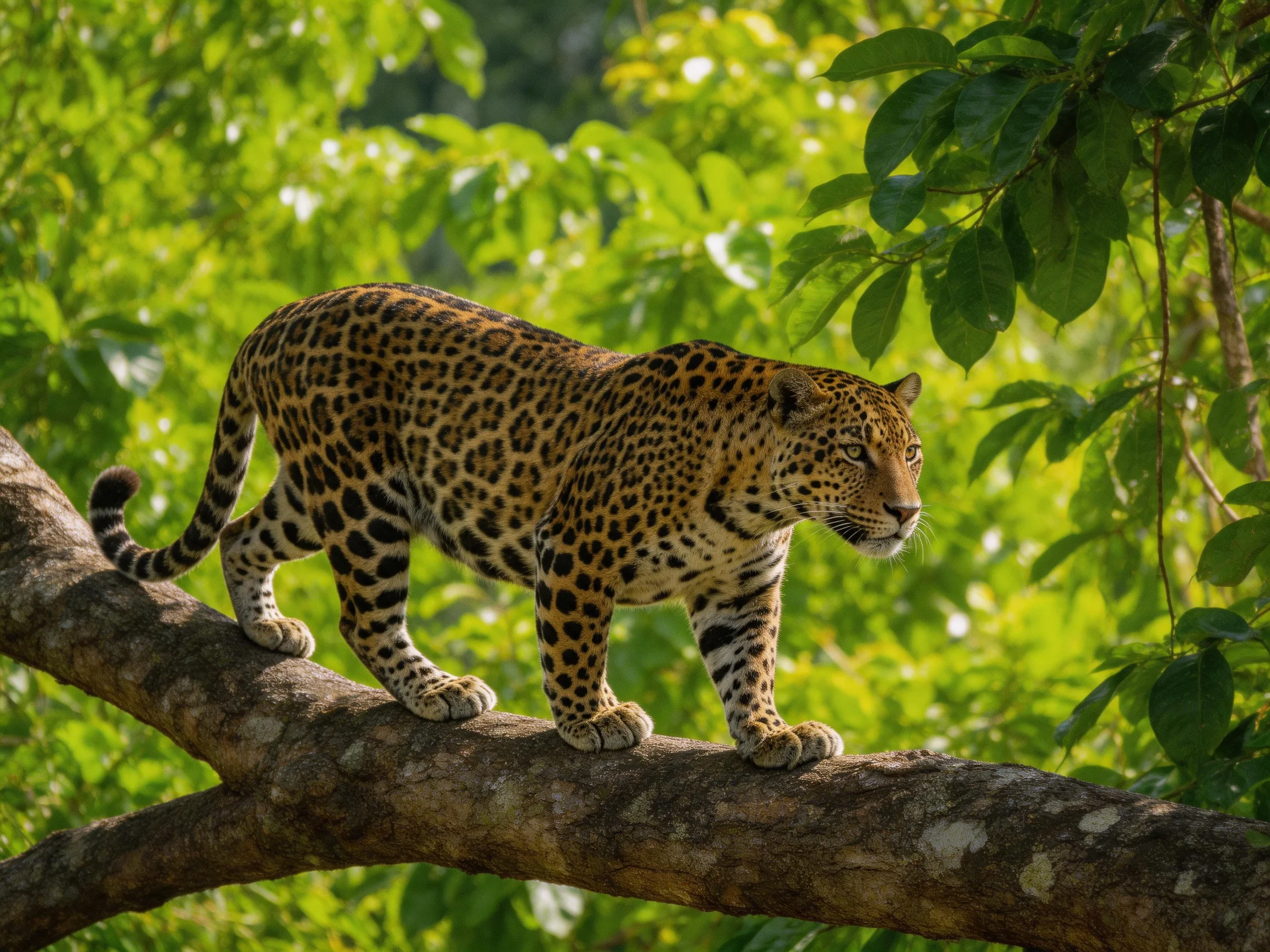A spotted leopard crosses a brown tree branch in a sunlit forest.