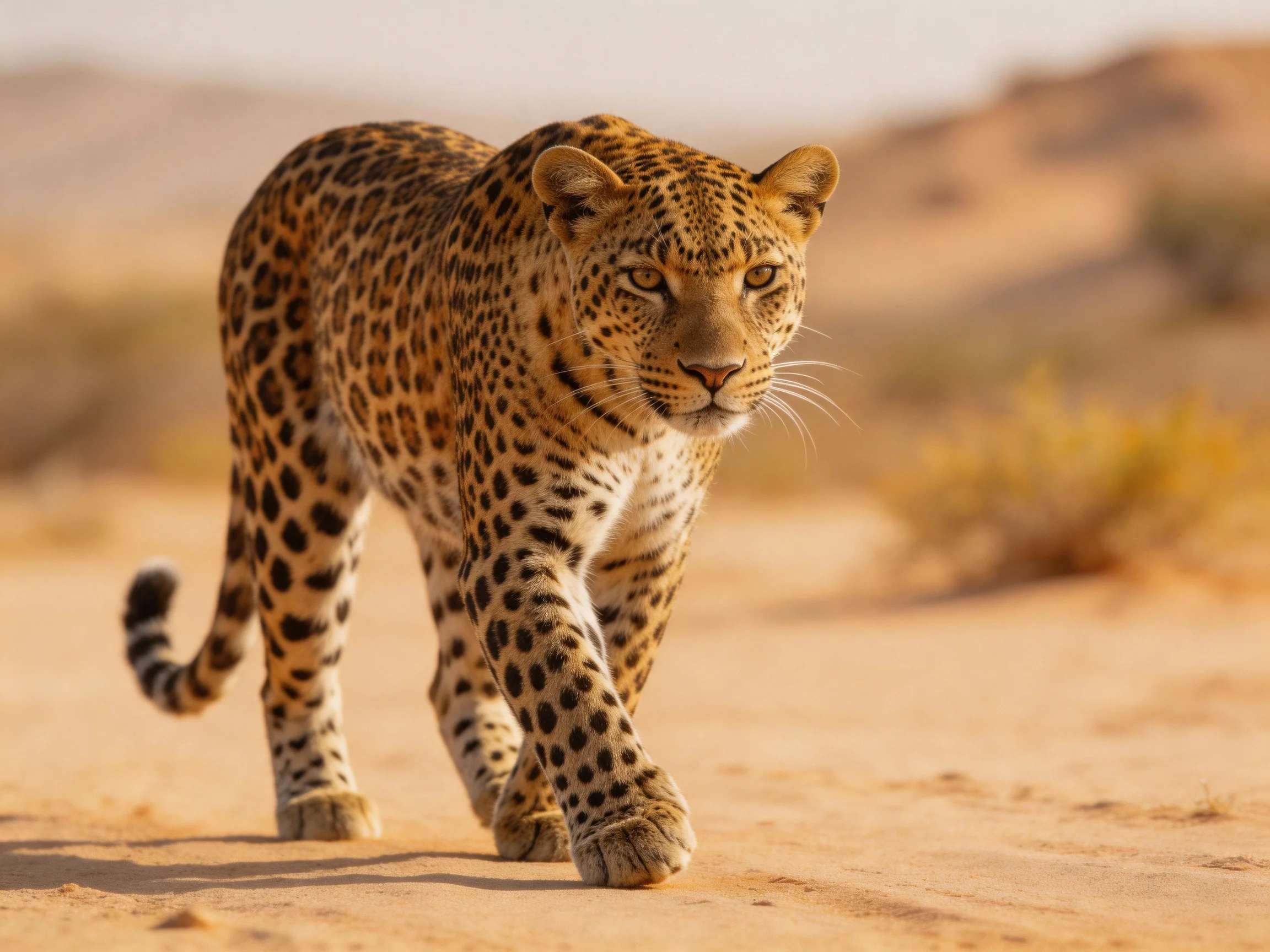 A spotted leopard walks through a sun-drenched sandy desert