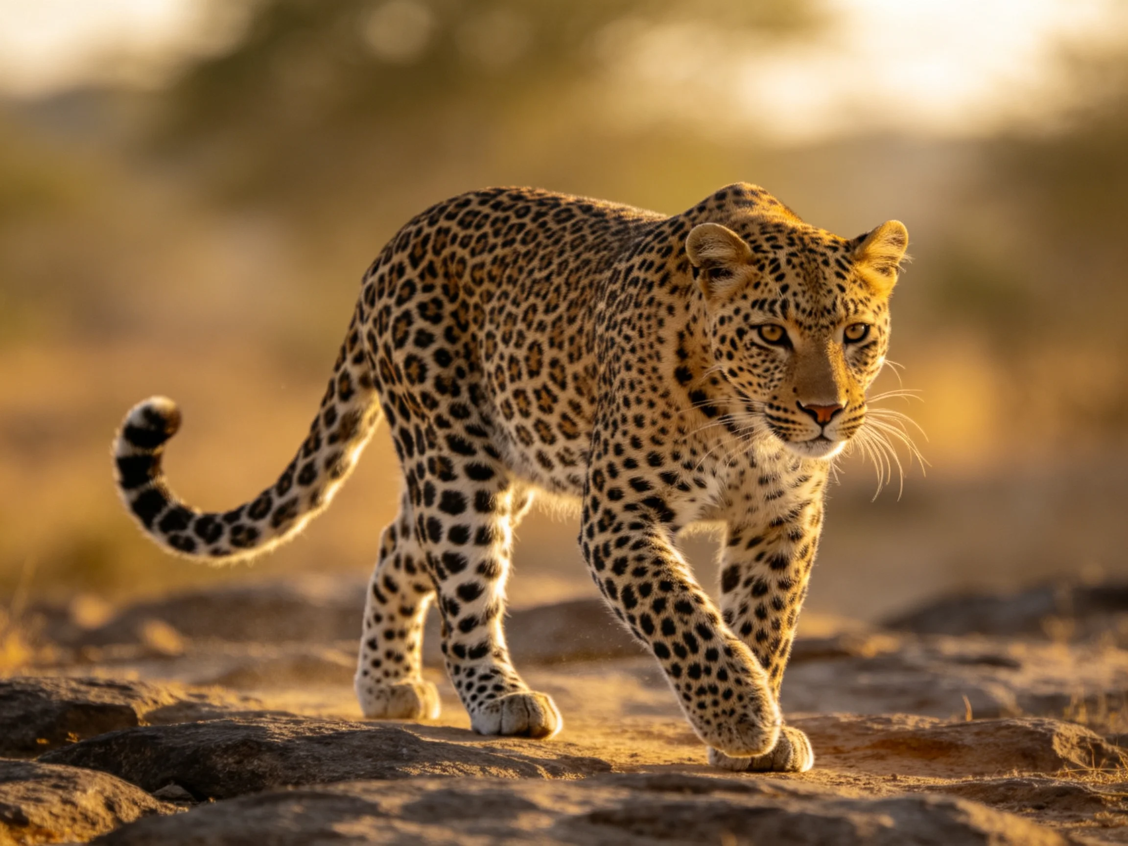 A spotted leopard moves across rocky ground in a sunlit landscape.