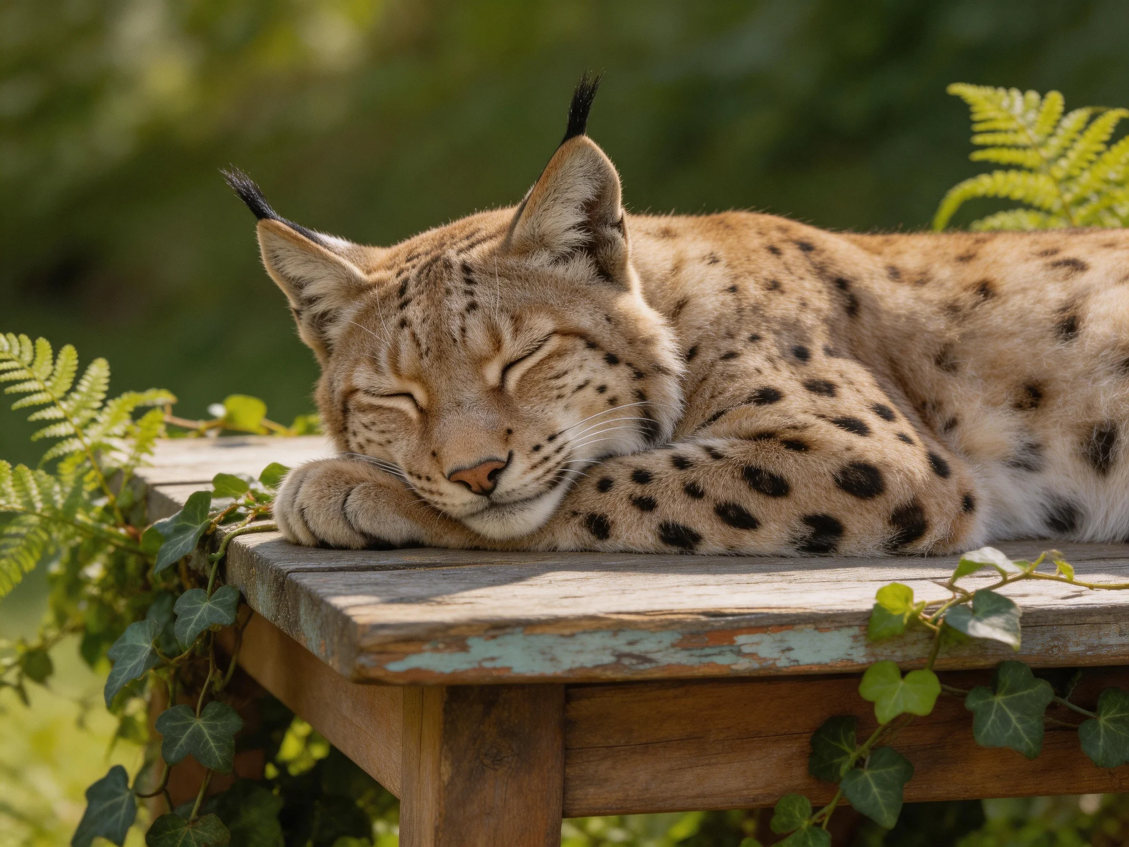 A spotted lynx rests on a wooden table in a verdant outdoor setting.