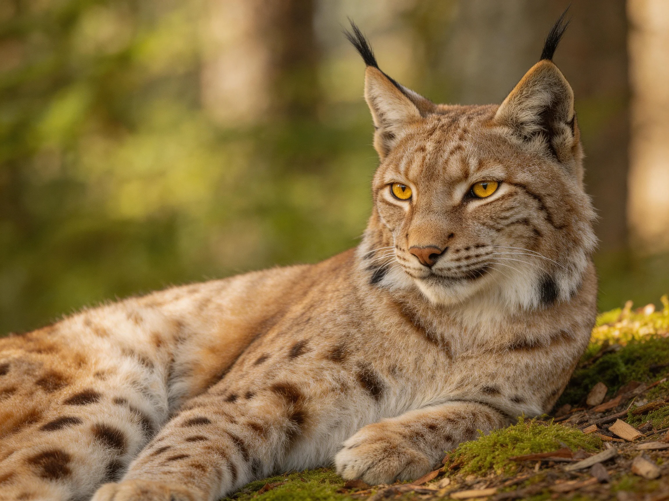 A spotted lynx relaxes on mossy ground in a forest.