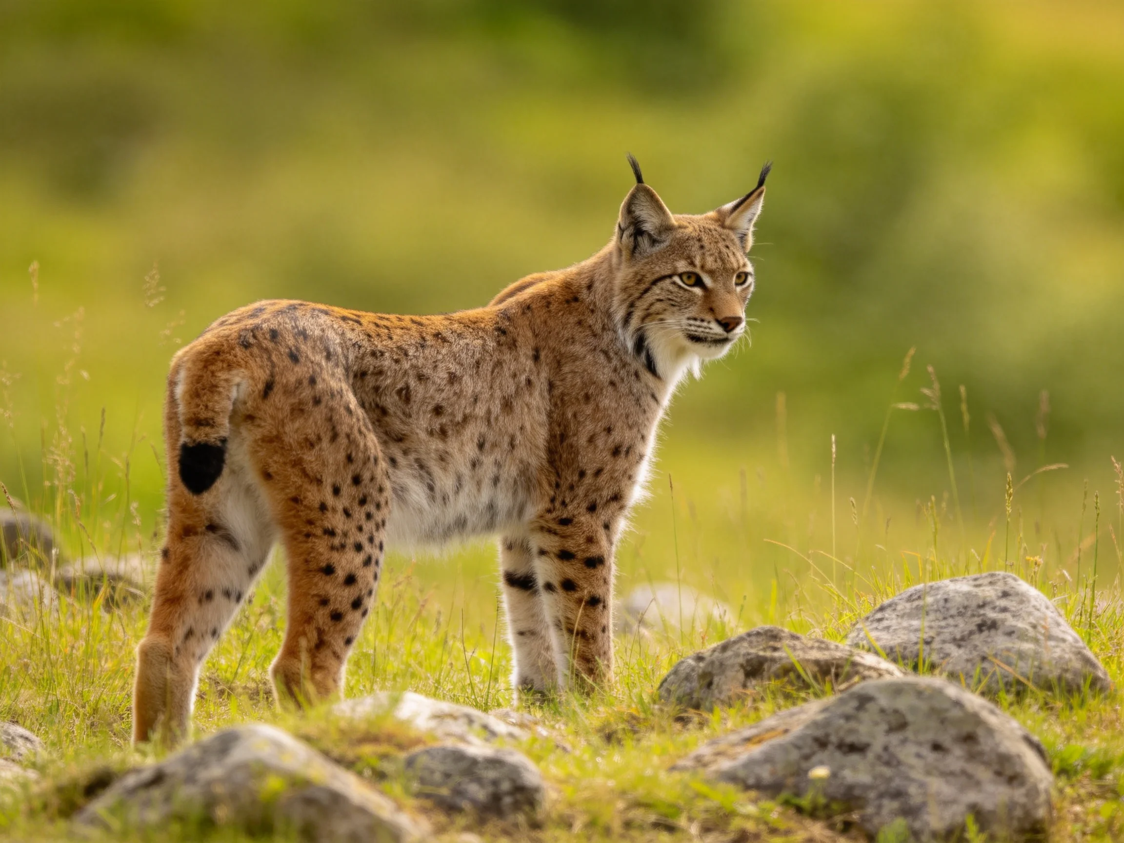 A spotted lynx stands among rocks in a verdant landscape