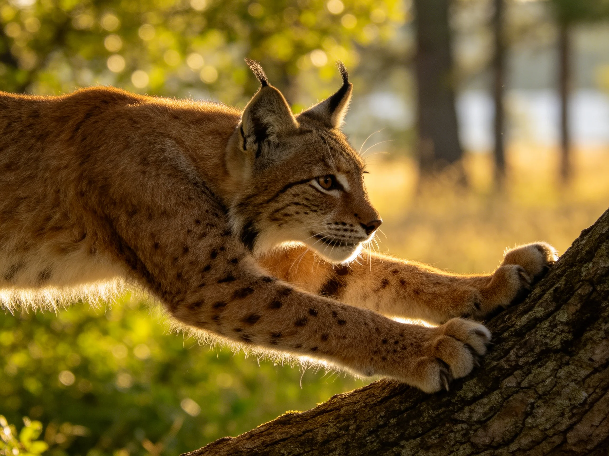 A spotted lynx stretches toward a tree trunk in golden sunlight