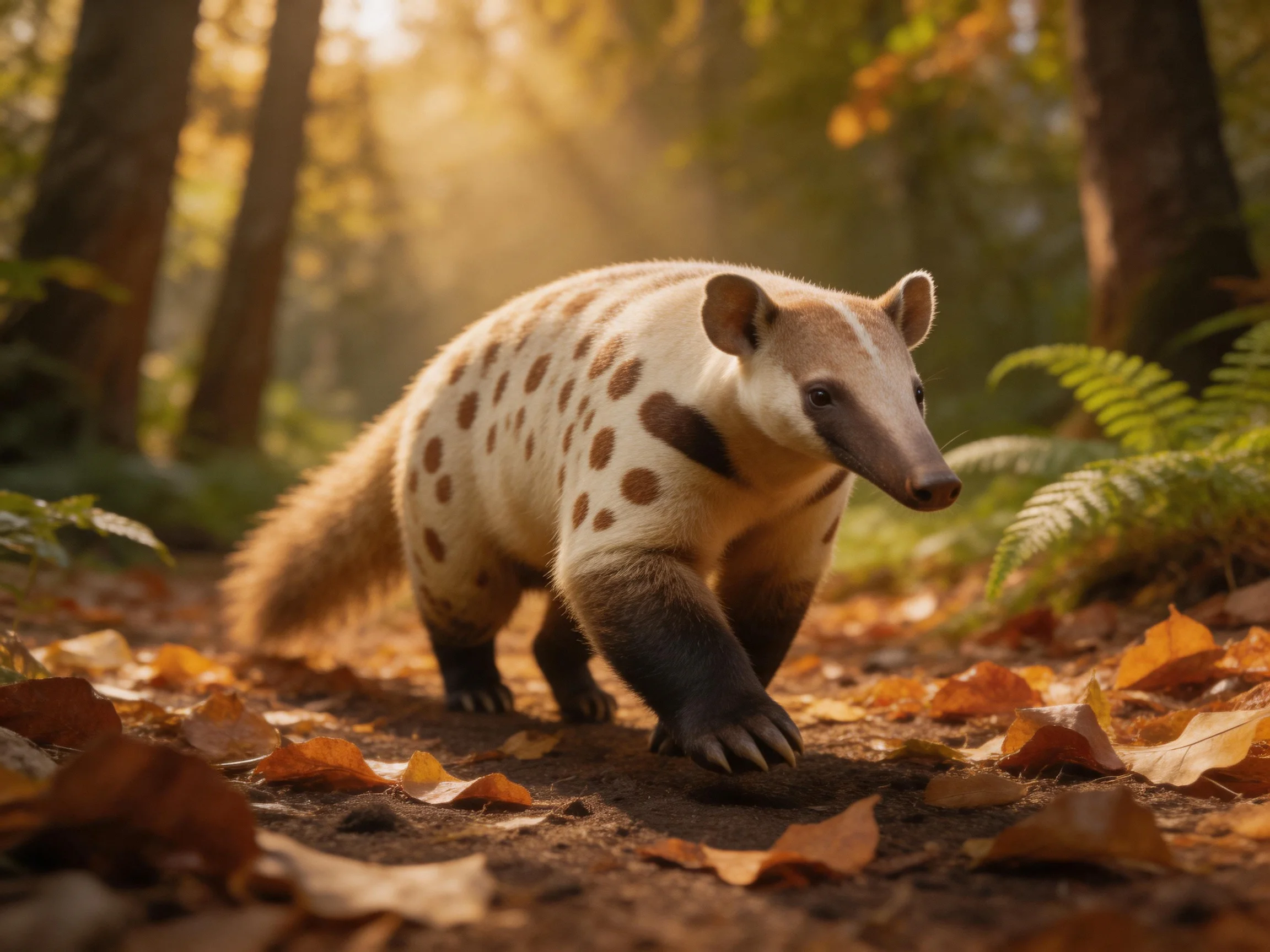 A spotted mammal walks through an autumn forest with golden light