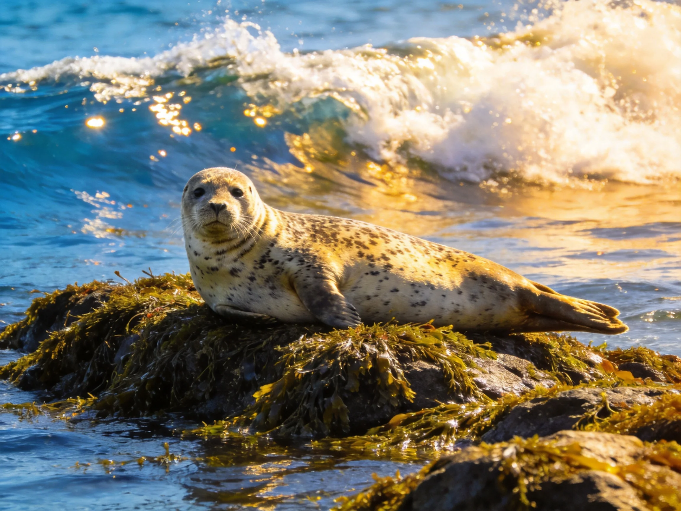A spotted seal rests on seaweed-laden rocks amid crashing ocean waves