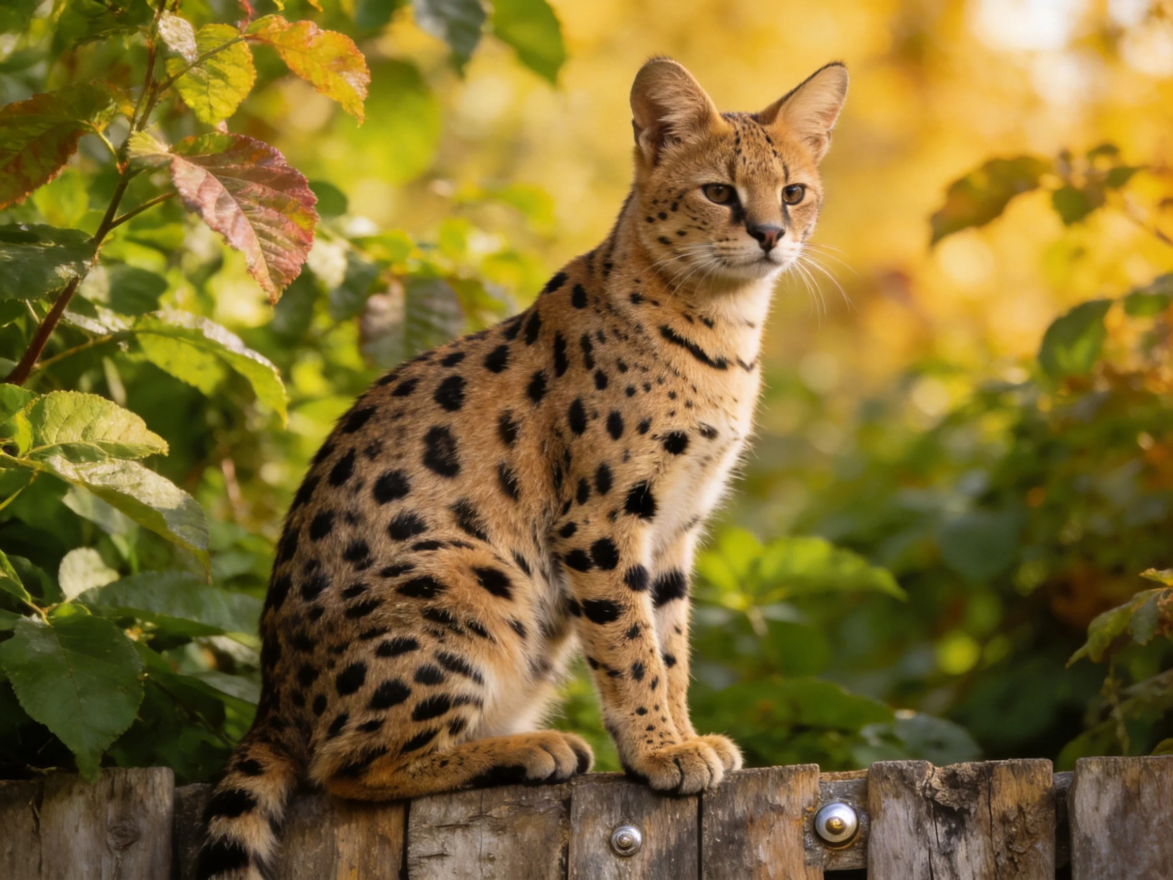 A spotted serval sits atop an aged wooden fence surrounded by lush greenery