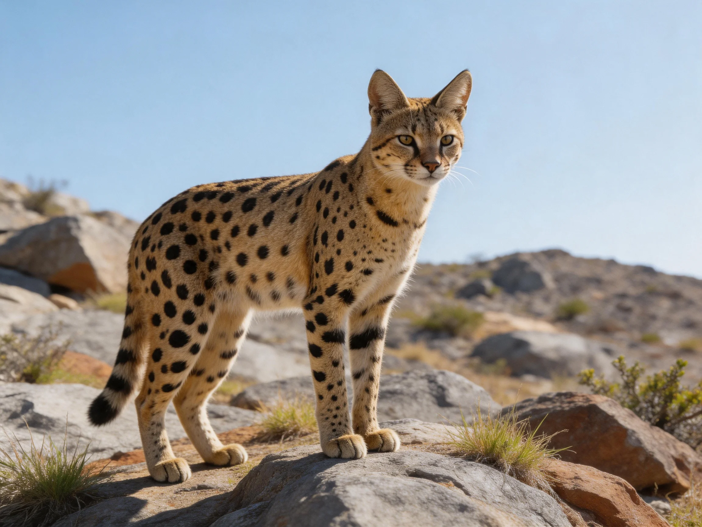A spotted serval stands alert on rocky terrain under clear blue sky