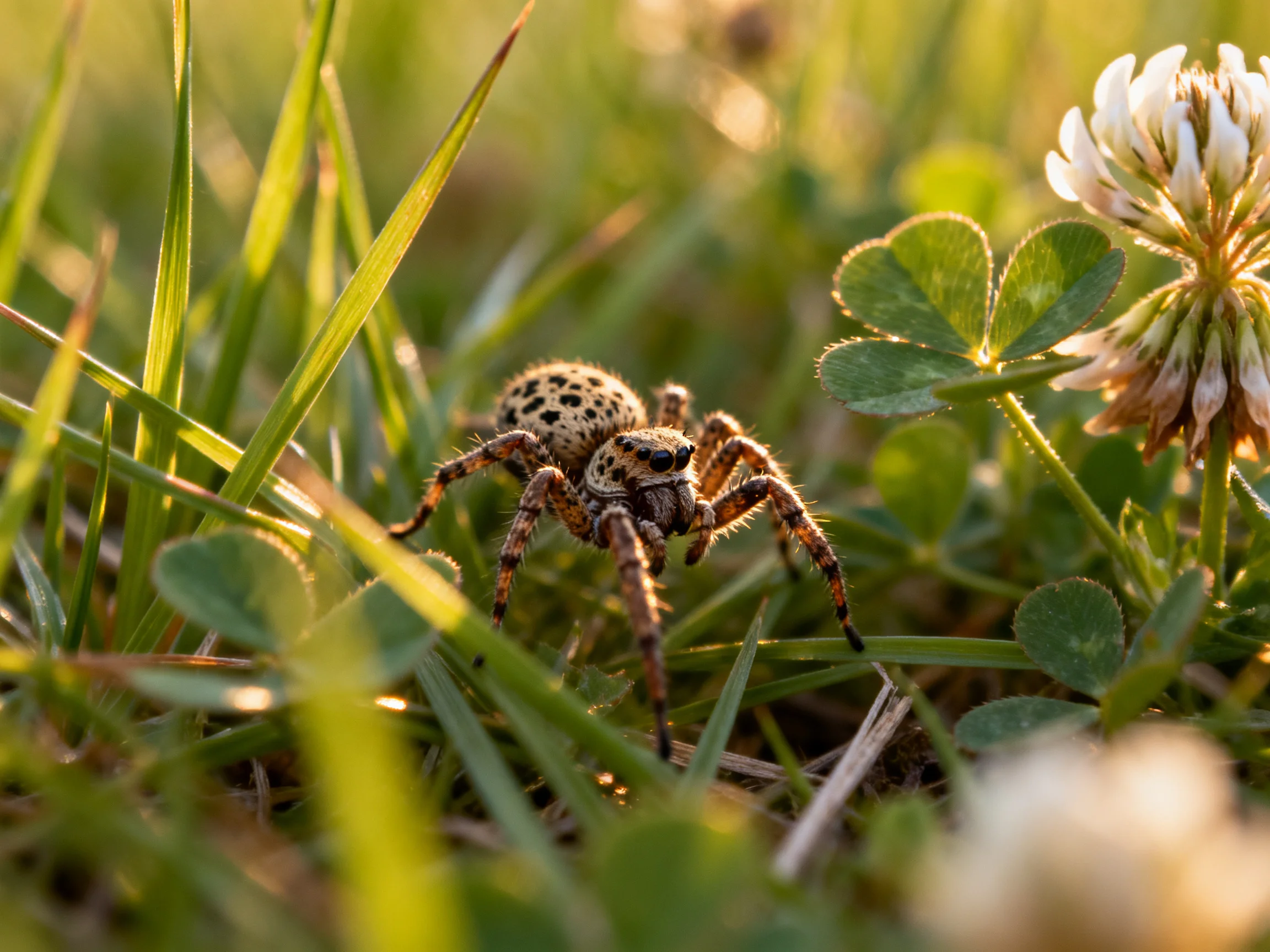 A spotted spider in lush green grass near white clover blooms