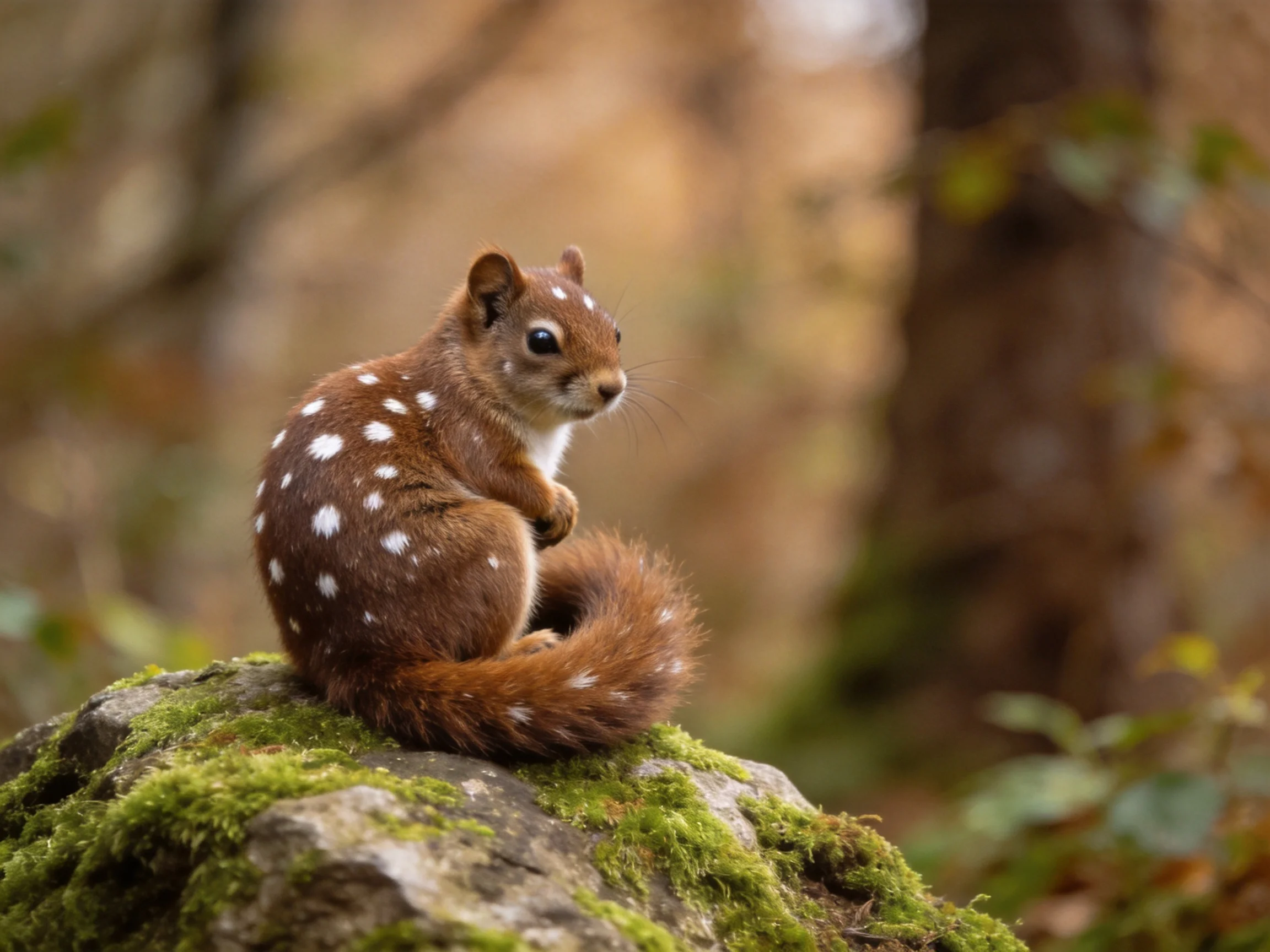 A spotted squirrel perches on a mossy rock in a forest setting