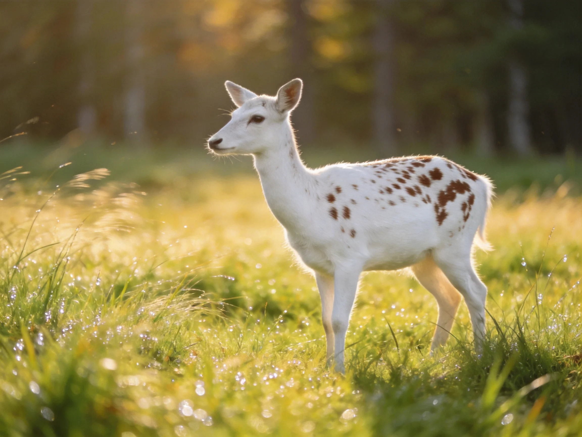 A spotted white fawn in a sunlit green meadow