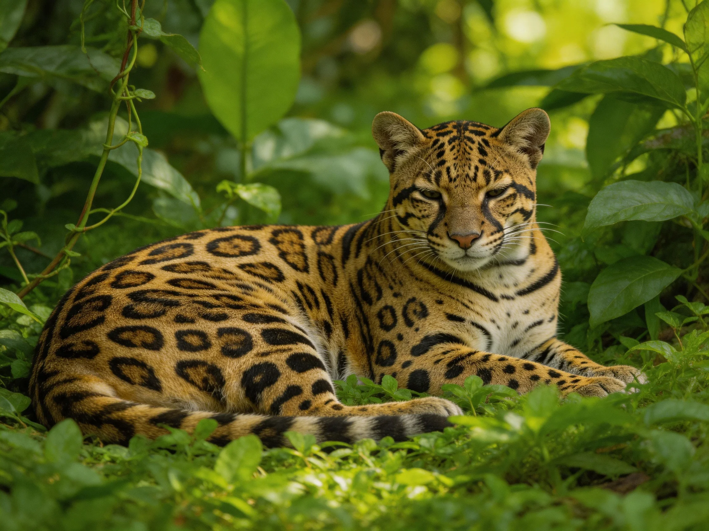 A spotted wild cat resting amid dense, vibrant foliage