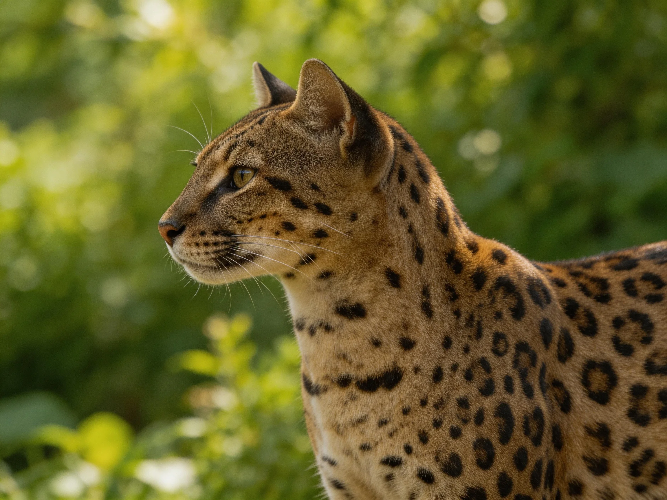 A spotted wild cat stands alert among lush green foliage