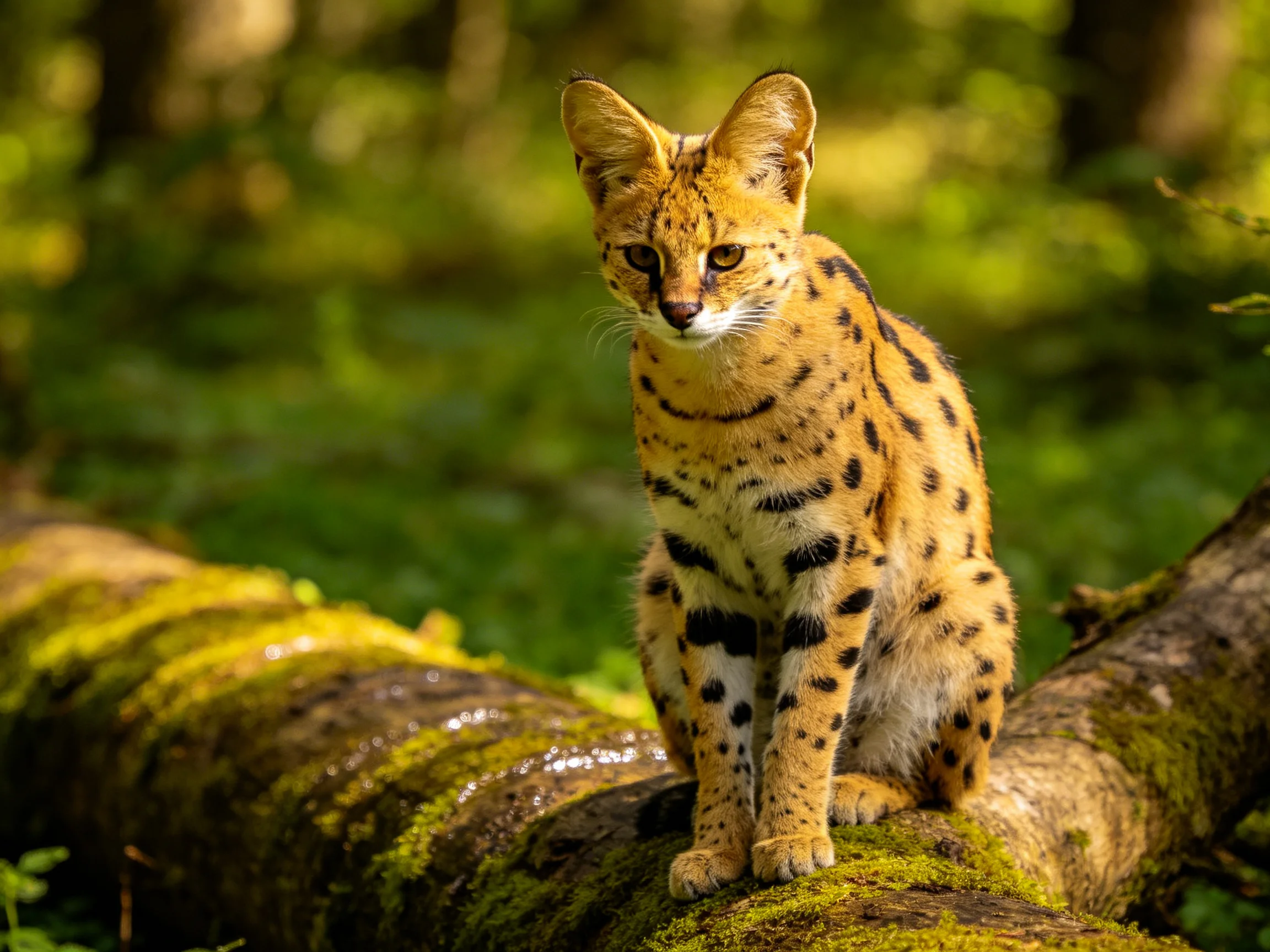 A spotted wildcat sits atop a mossy fallen tree trunk in a verdant forest.