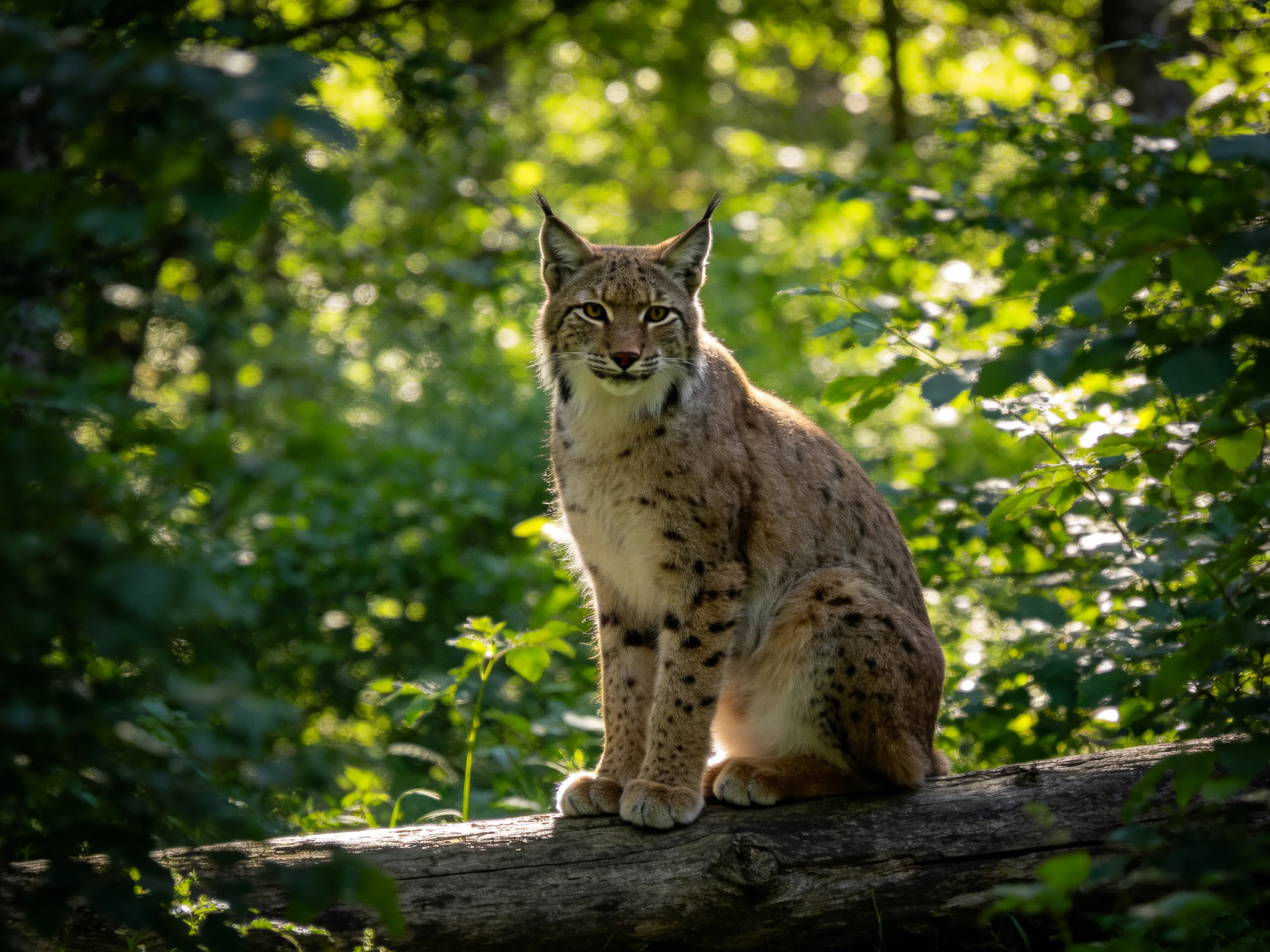 A spotted wildcat perches on a weathered log amidst dense greenery