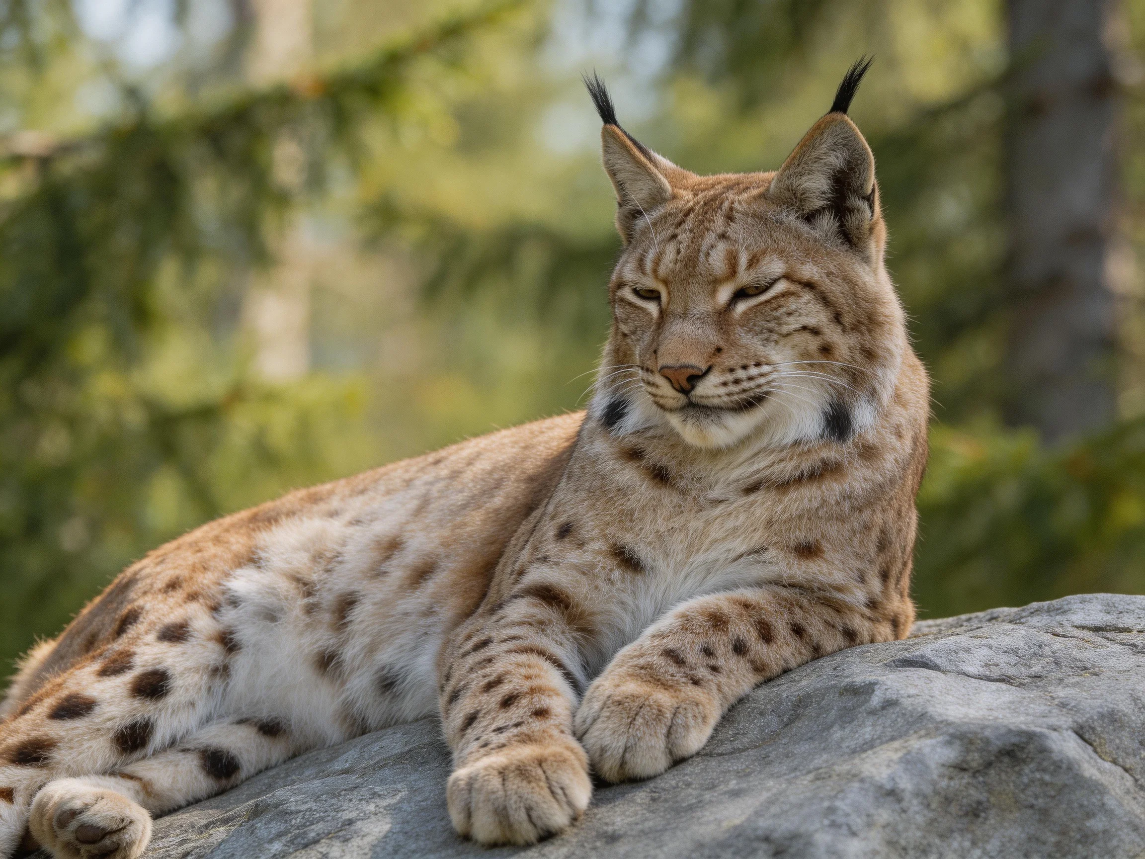 A spotted wildcat relaxes on a gray rock surrounded by greenery.