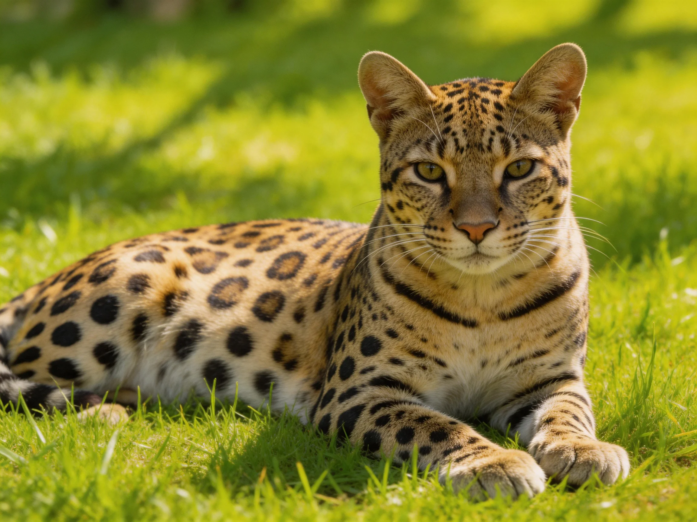 A spotted wildcat rests on lush green grass in bright sunlight
