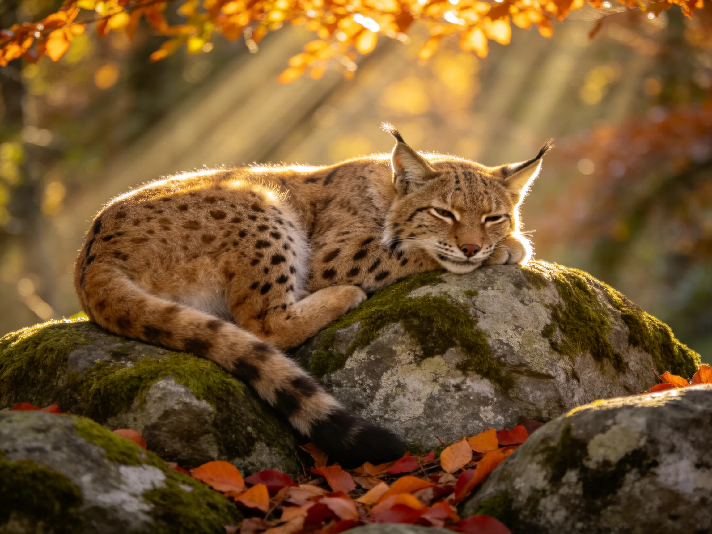 A spotted wildcat rests on mossy rocks in an autumn forest