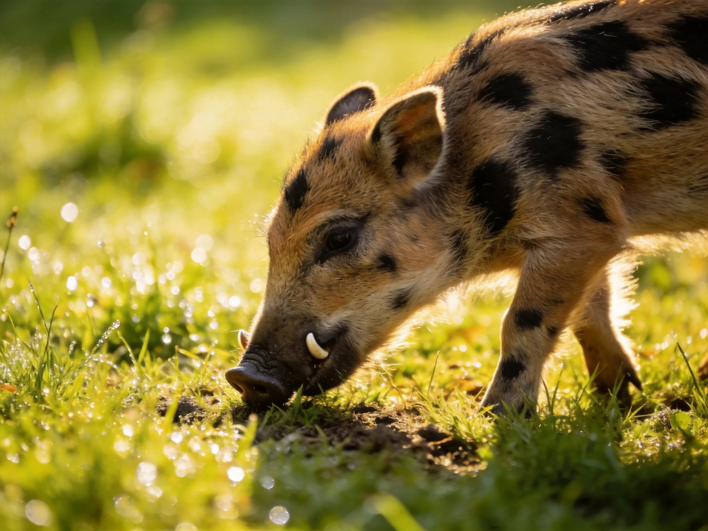 A spotted young wild boar forages in sun-dappled green grass