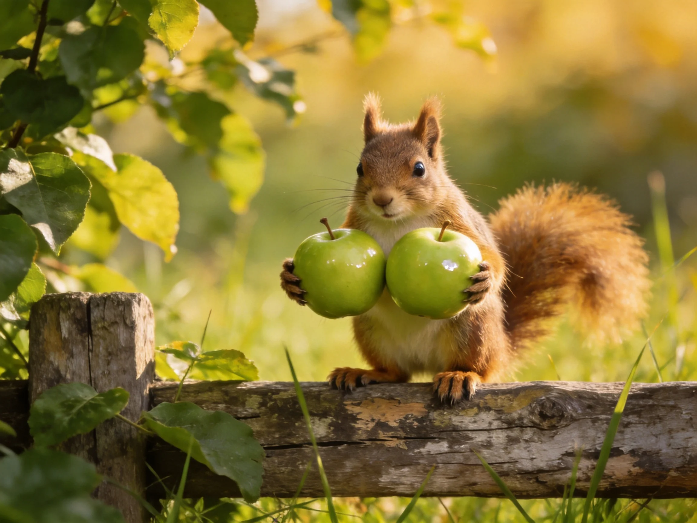 A squirrel carries two green apples on a wooden fence in a sunlit outdoor setting.
