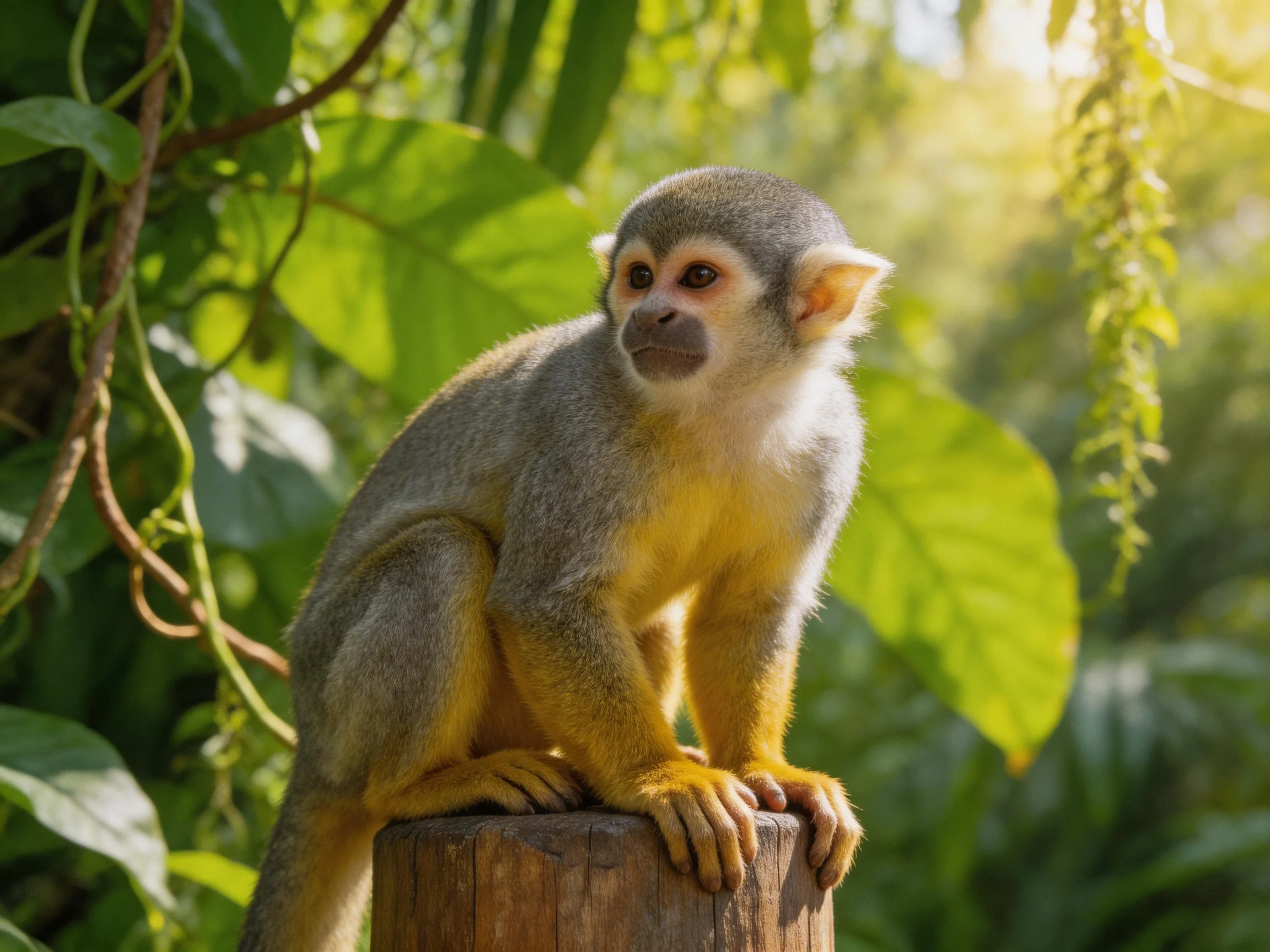 A squirrel monkey with yellow underbelly perched on a wooden post amid lush greenery