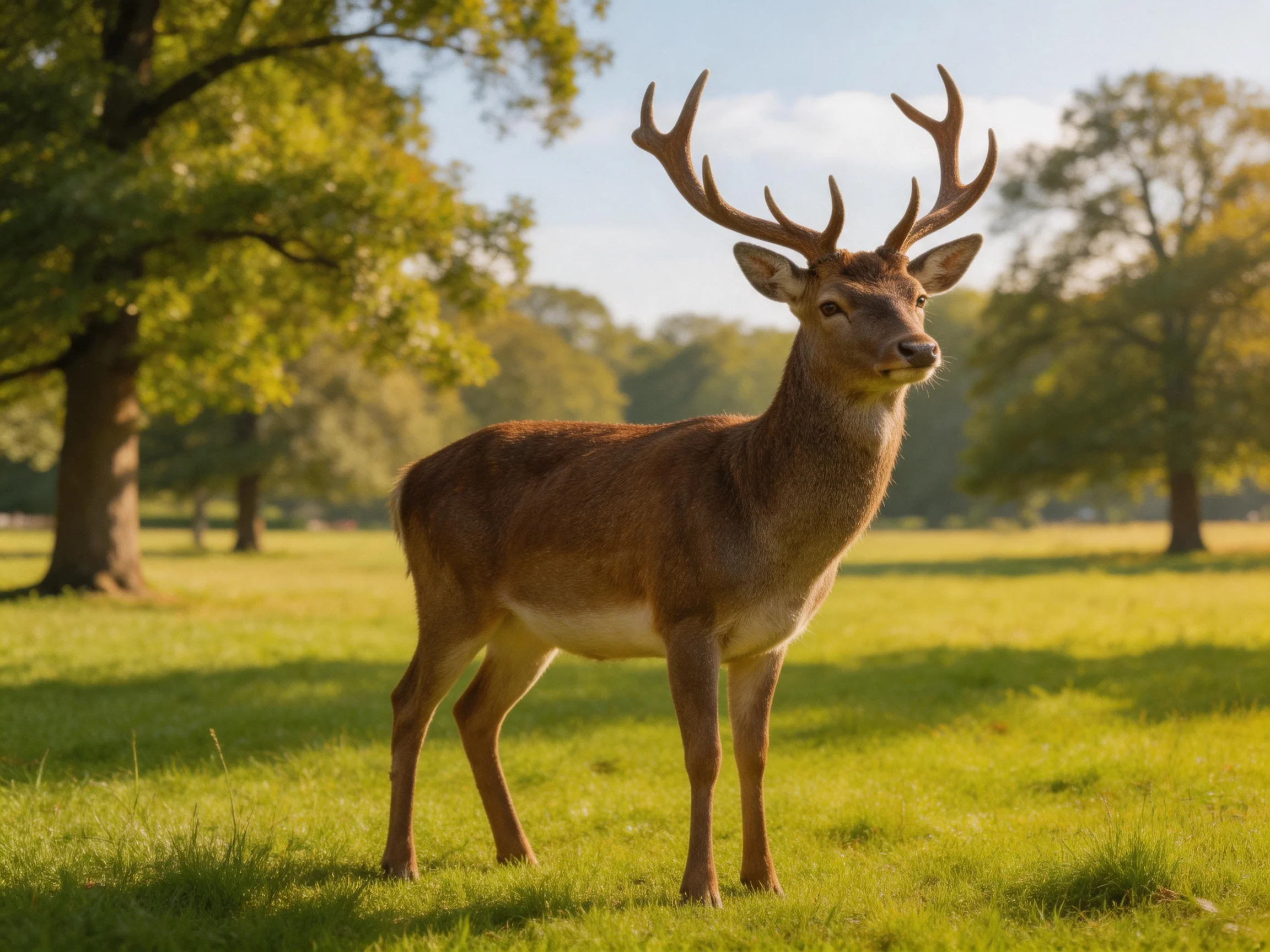 A stag with impressive antlers stands in a sunlit meadow