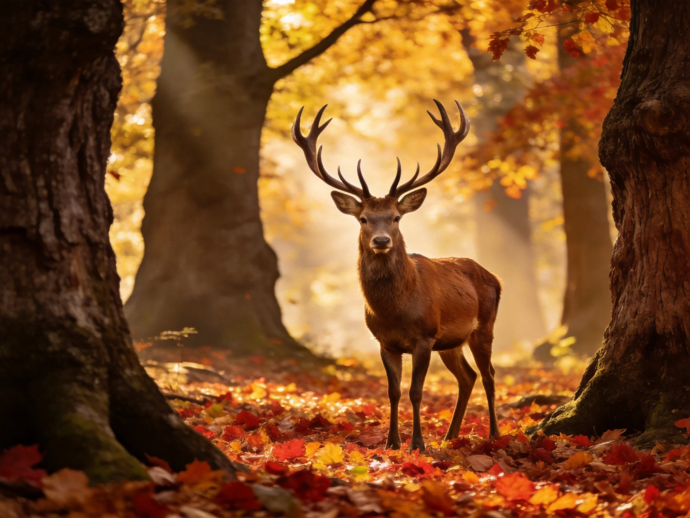 A stately deer with prominent antlers in a sun-dappled autumn forest