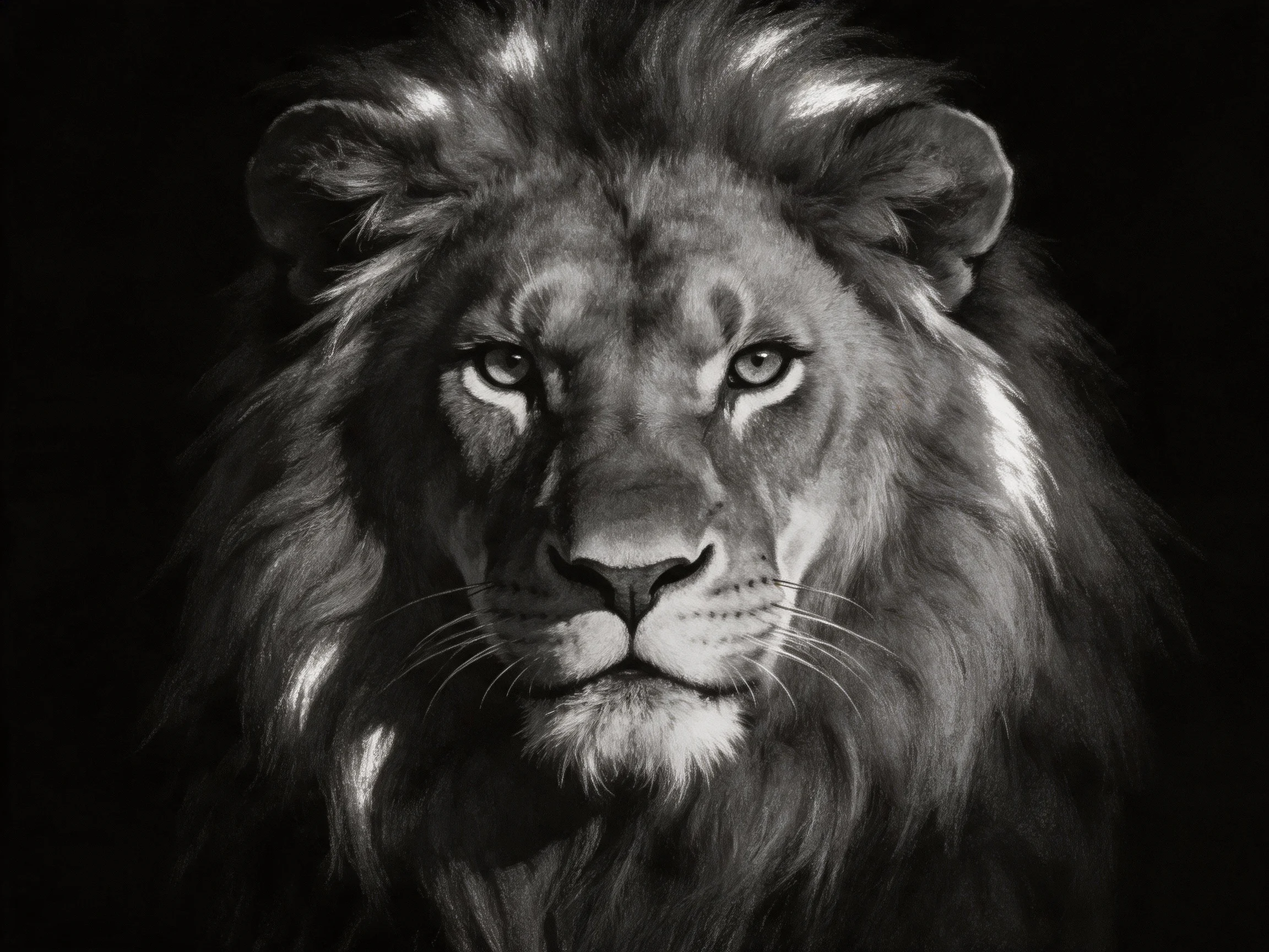 A striking black-and-white portrait of a lion with a thick, voluminous mane