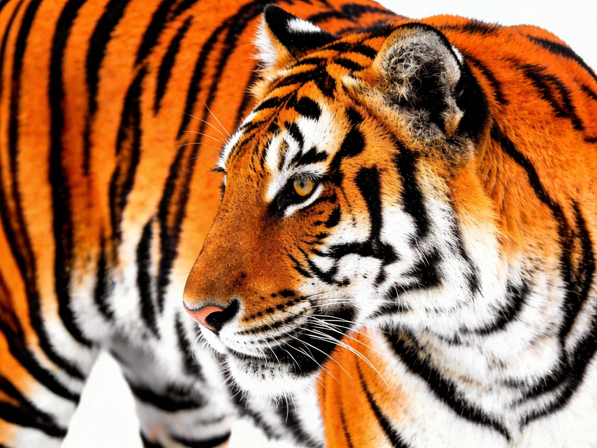 A striking close - up of a tiger’s vibrant orange and black striped coat
