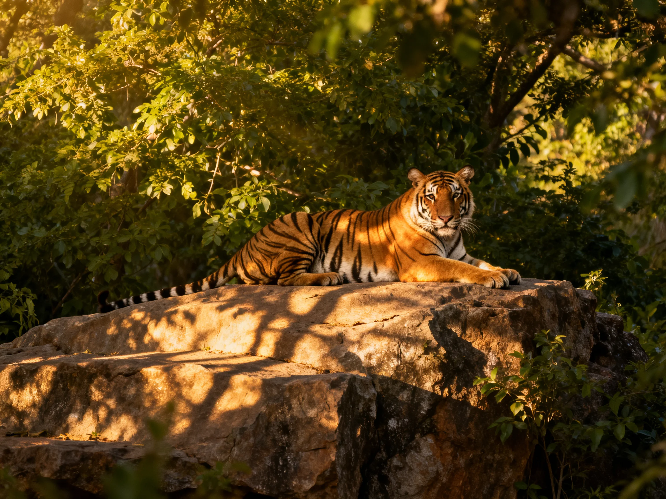 An orange tiger relaxes on a brown rock in a sunlit forest.