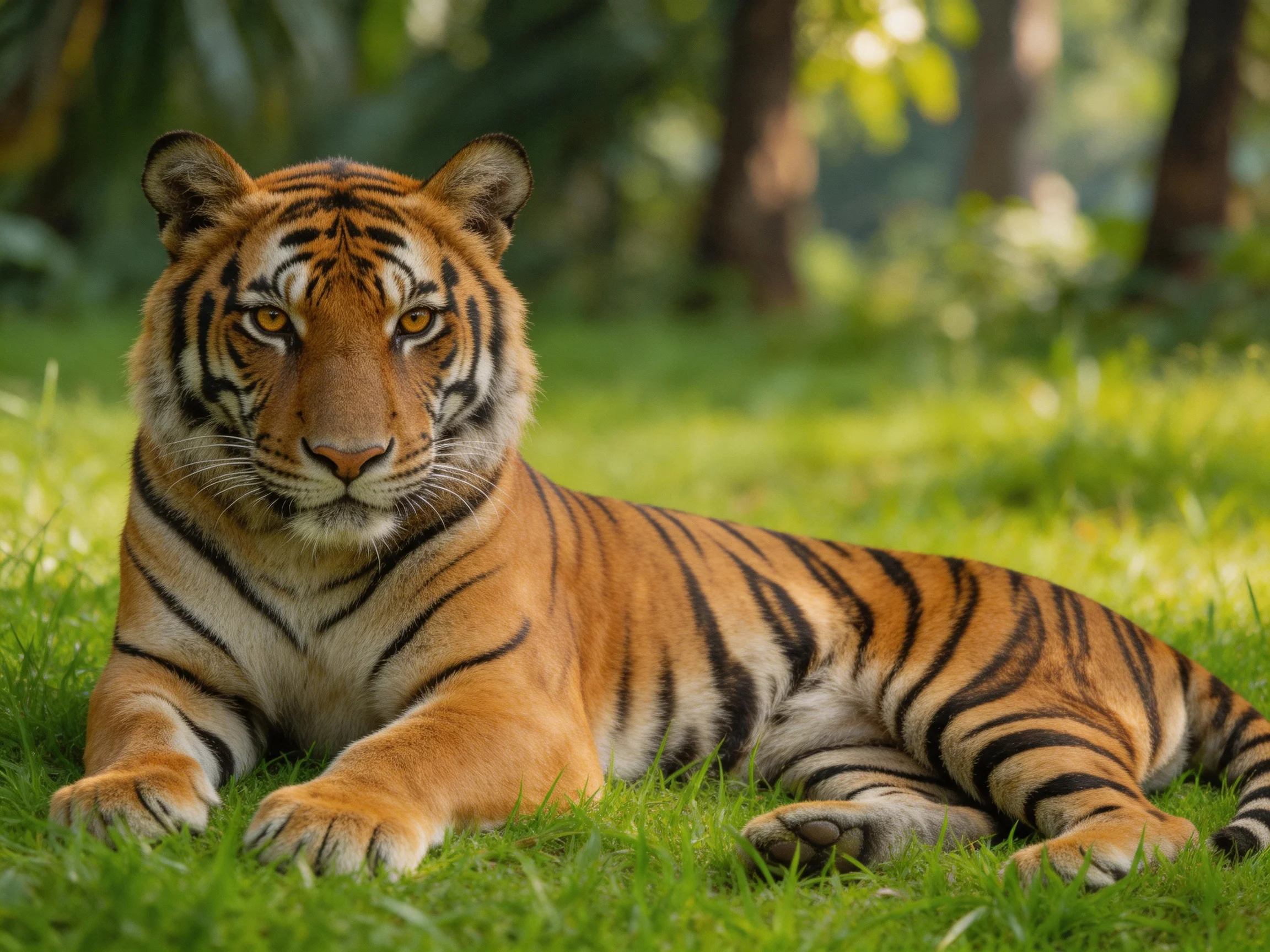 A striking orange tiger rests on lush green grass near trees