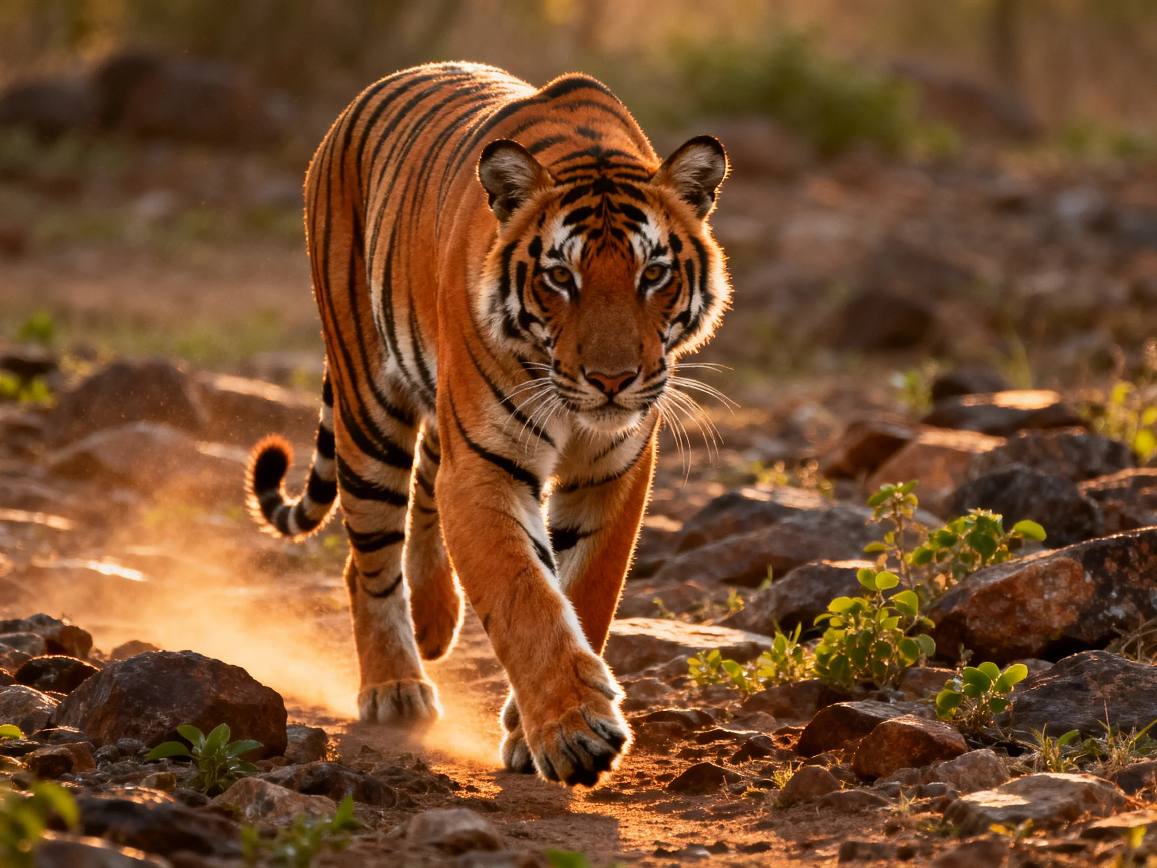 A tiger traverses rocky ground in bright sunlight.