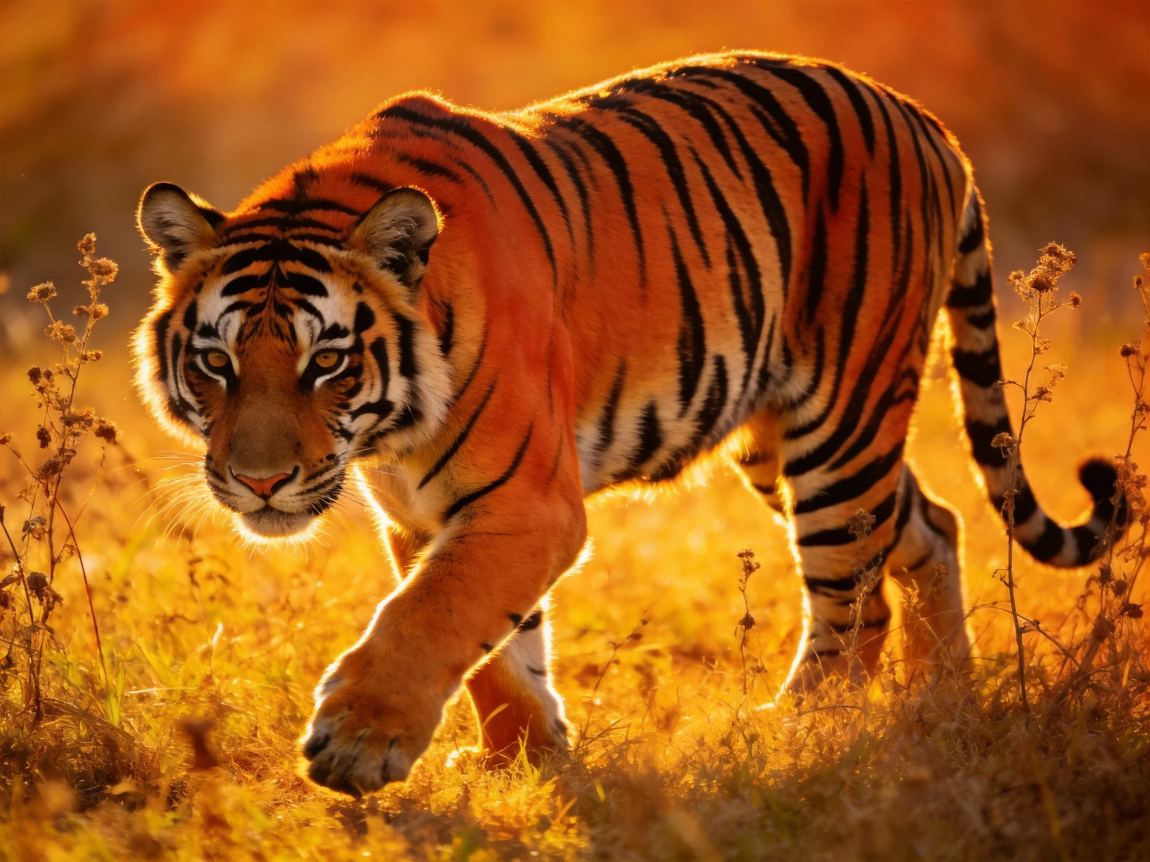 A striking orange tiger walks through sunlit golden grasses