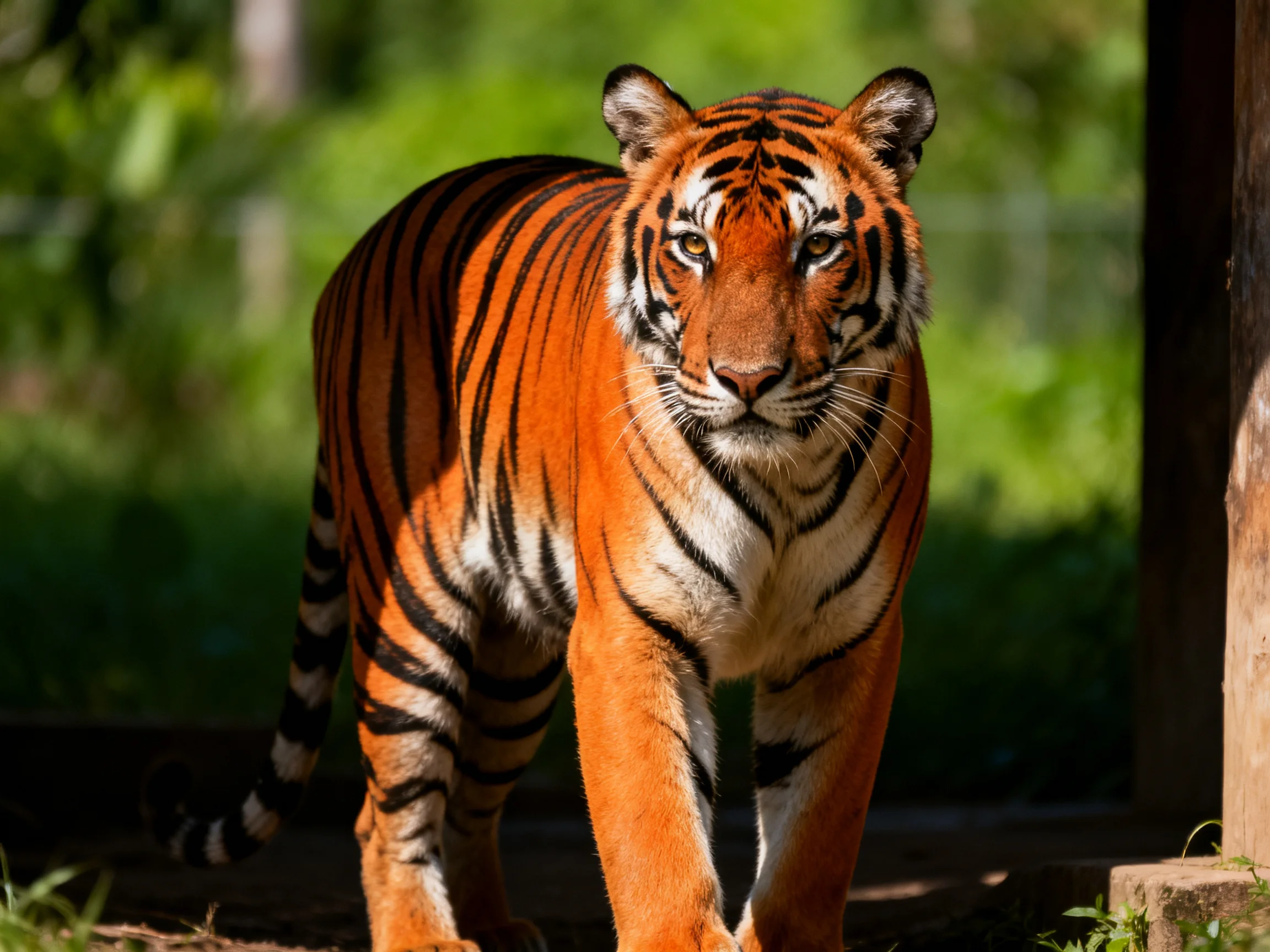 A striking orange tiger with bold black stripes in a sunlit green enclosure