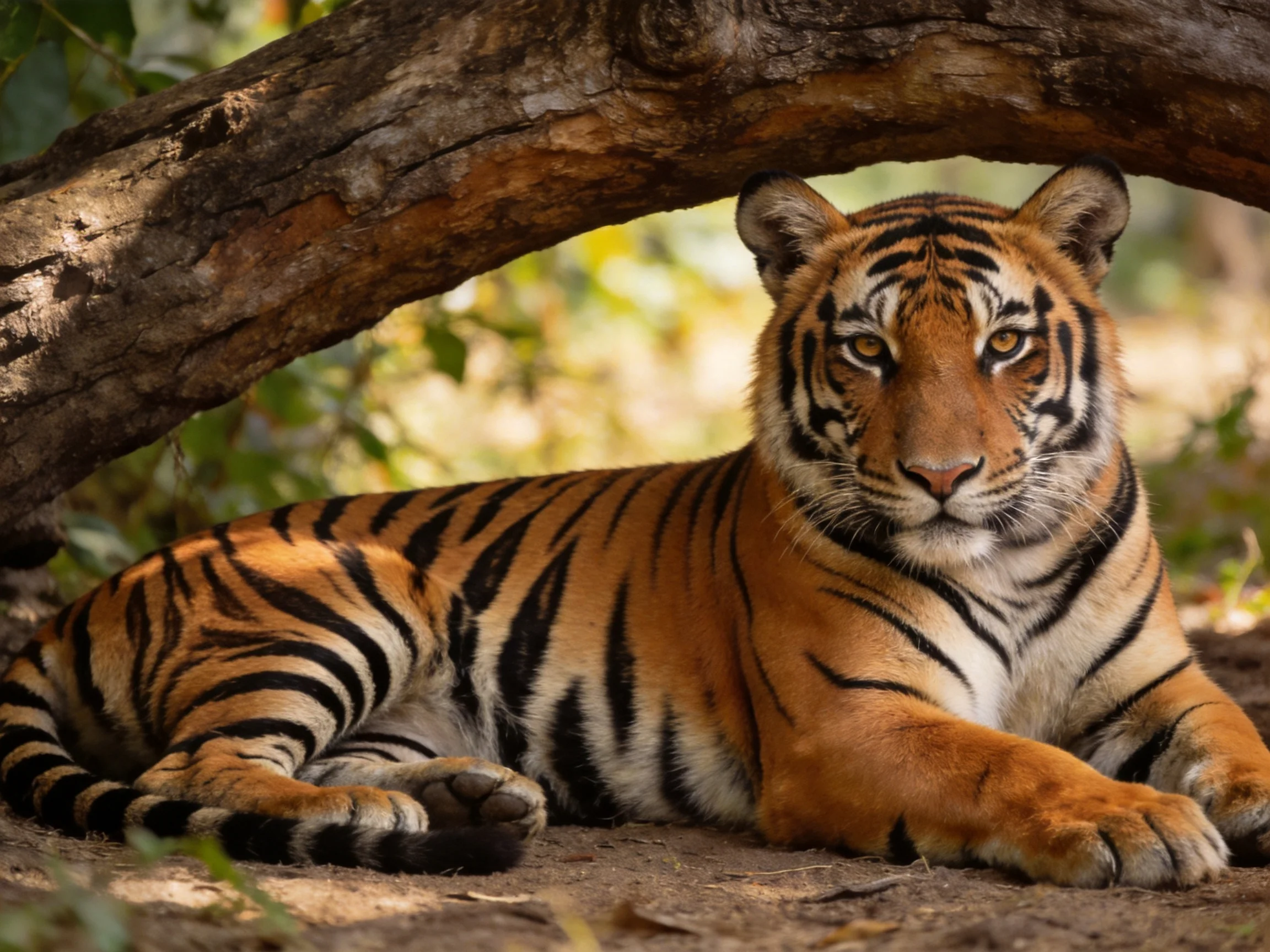 A striking orange tiger with bold black stripes rests under a massive curved tree trunk.