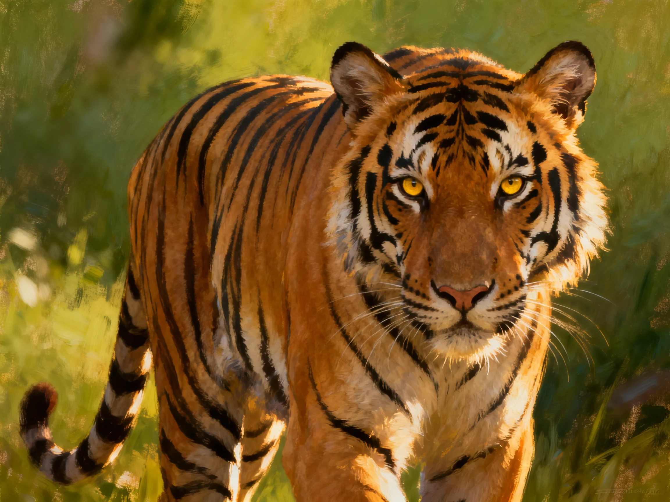 A tiger with bold stripes moves through a sunlit, verdant landscape.
