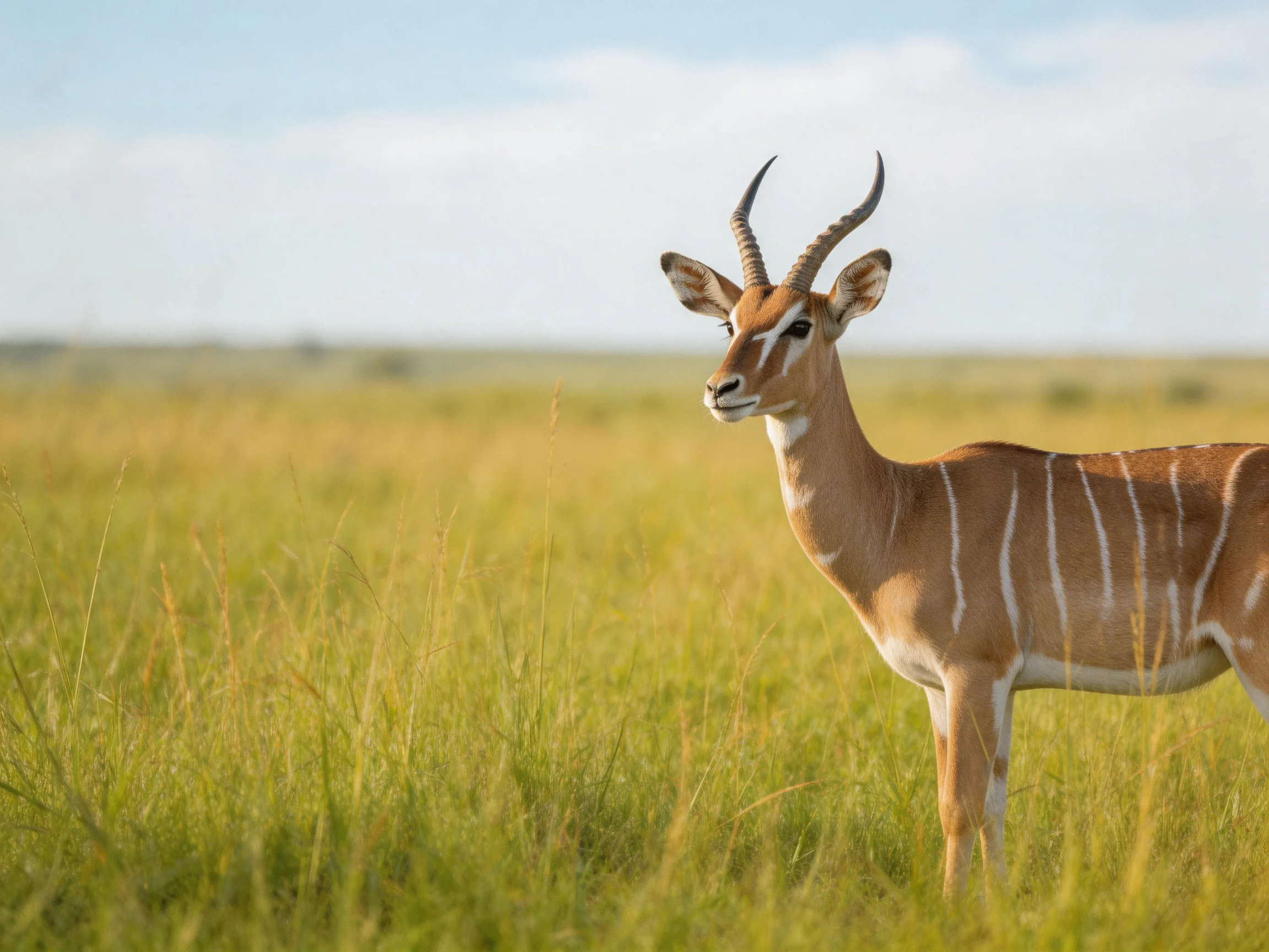 A striped antelope stands in golden savannah grasslands