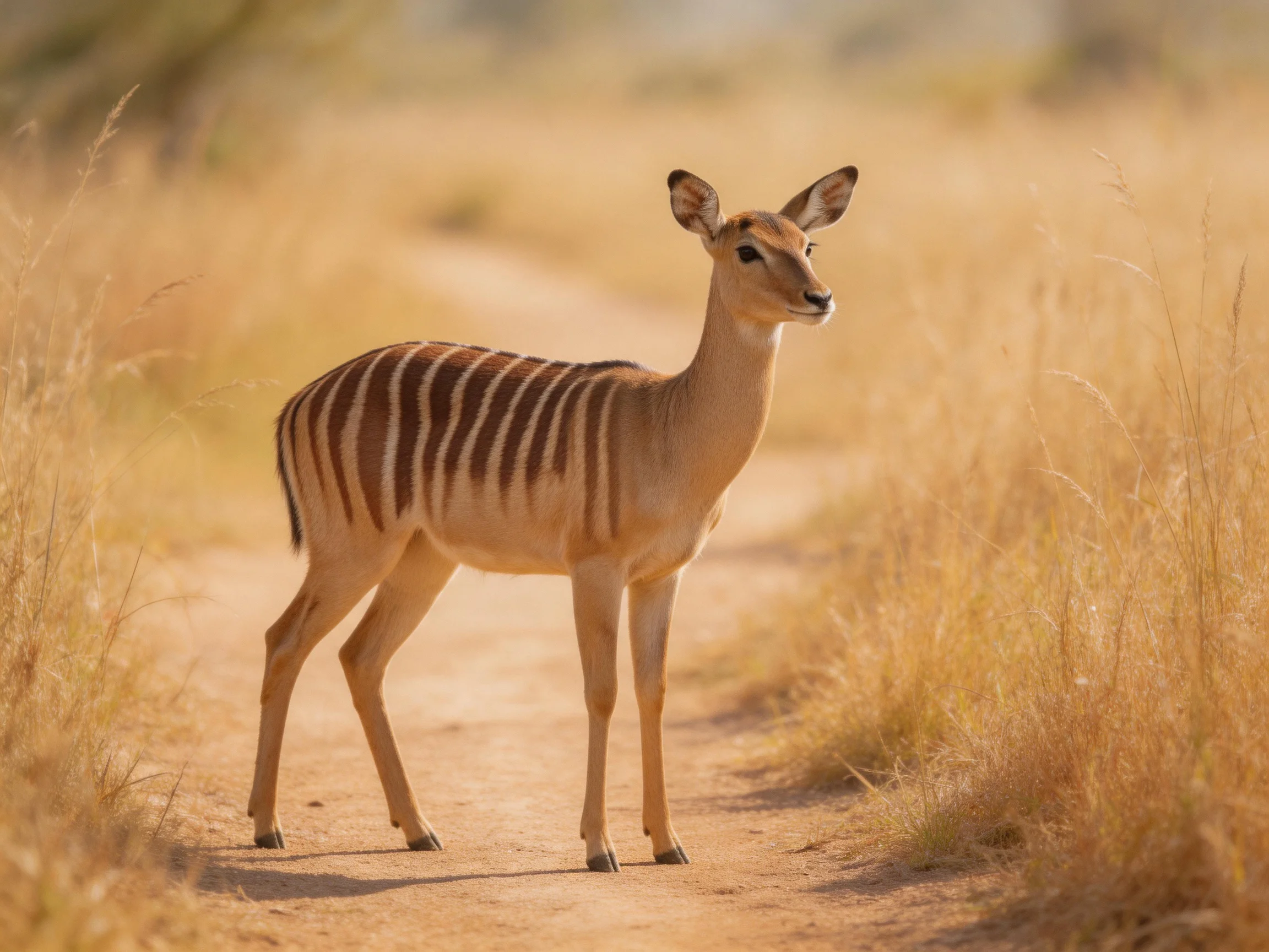A striped antelope stands on a sunlit dirt path in golden savannah