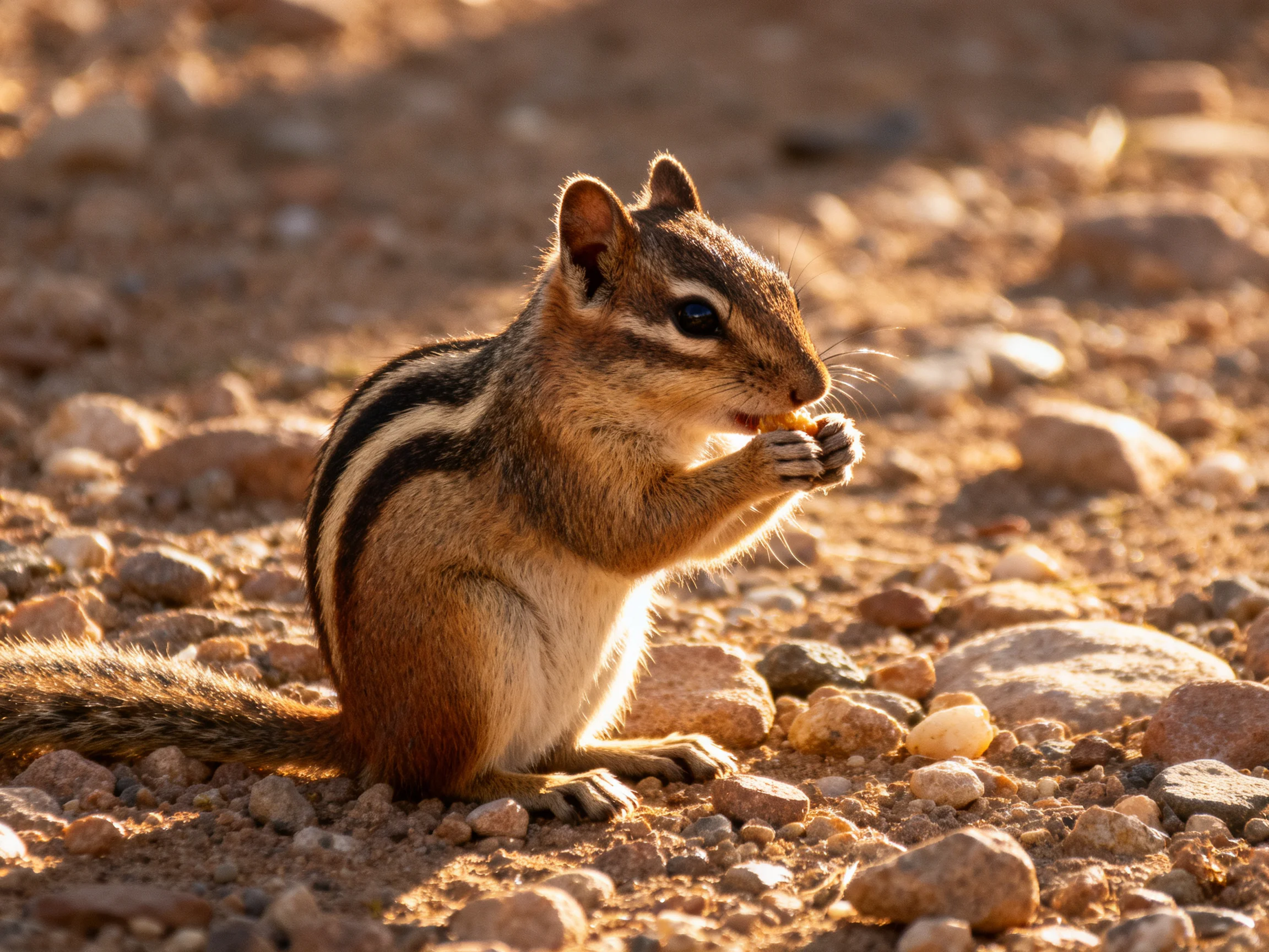 A striped chipmunk eating seeds on rocky ground