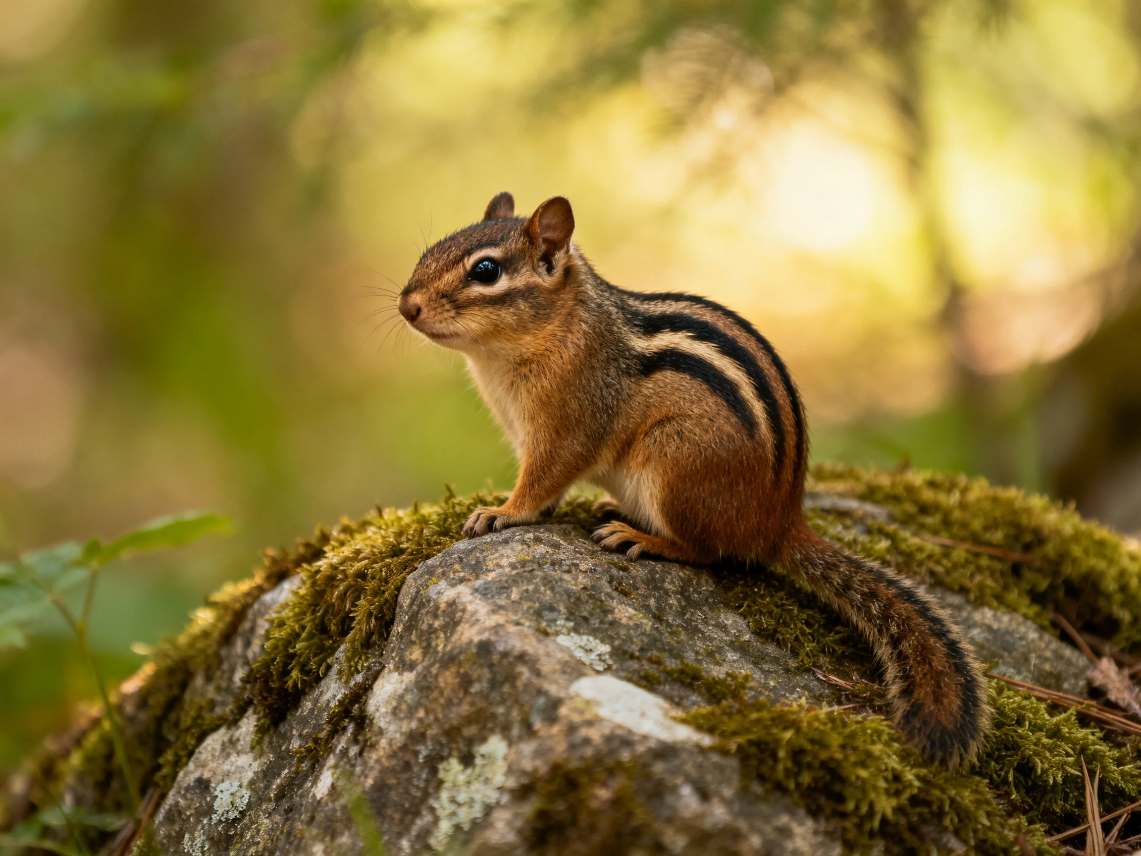 A striped chipmunk sits on a mossy rock in a sunlit forest.