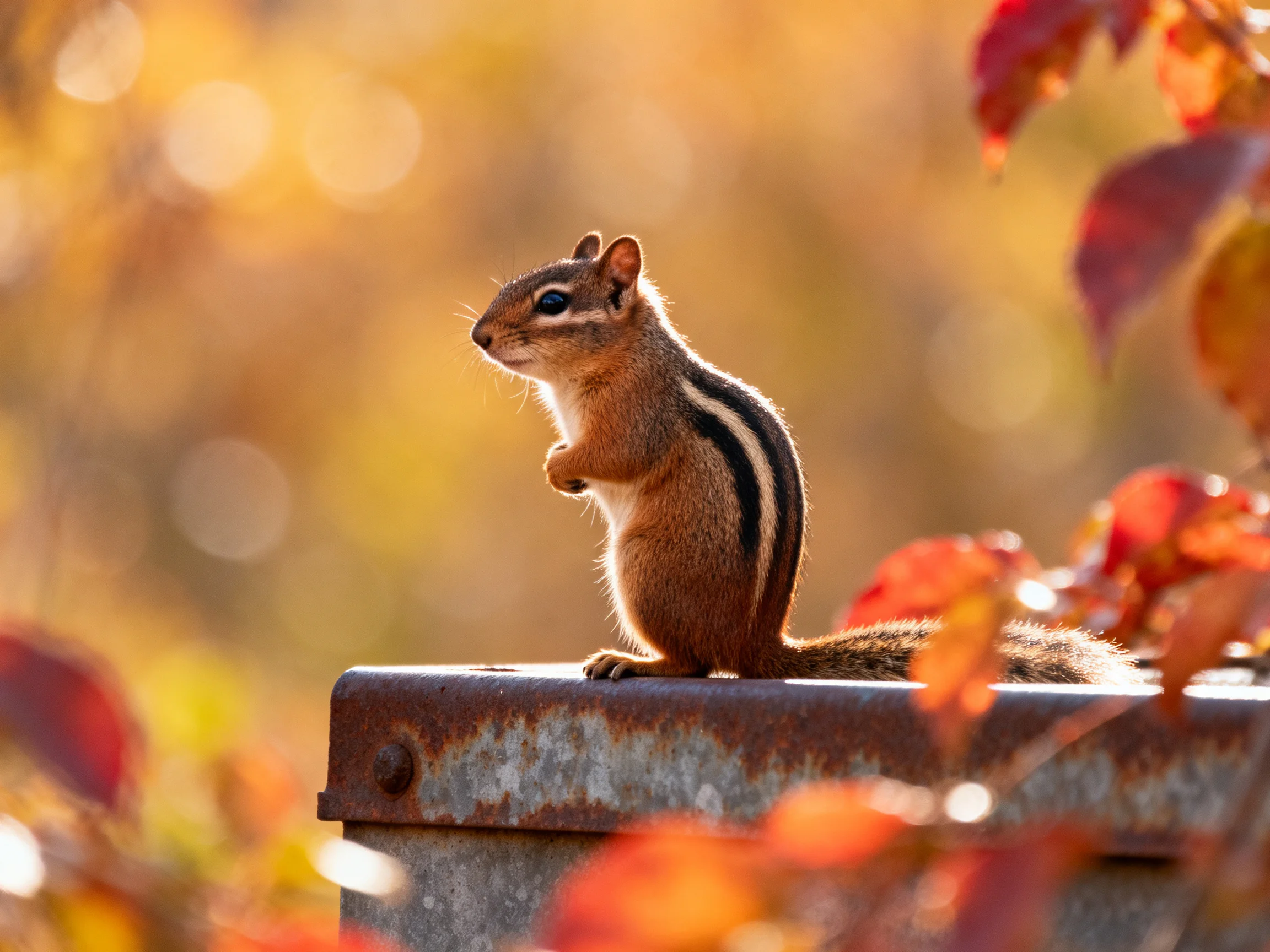 A striped chipmunk perched ona rusted metal surface amid autumn leaves