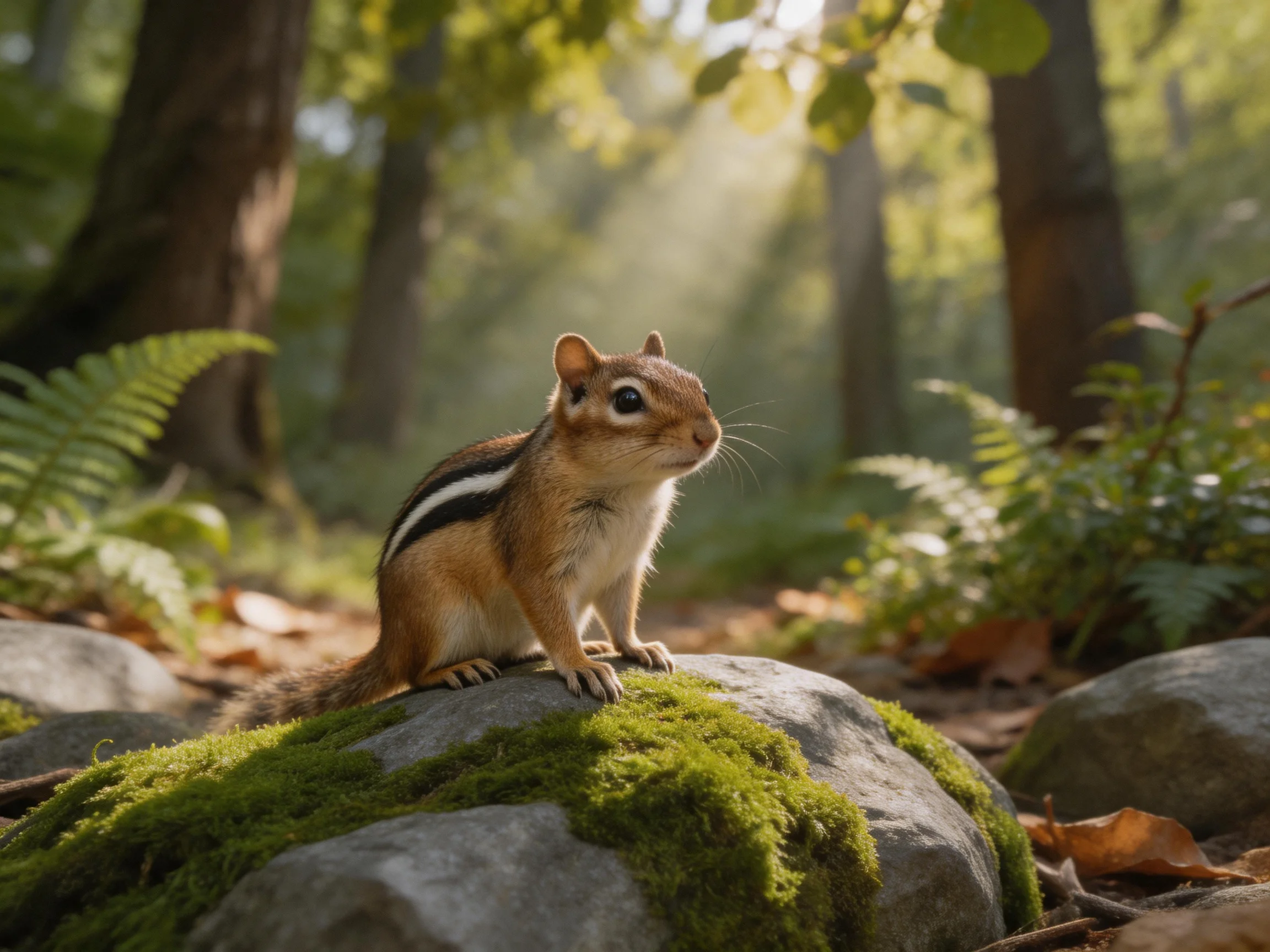 A striped chipmunk perches on a moss-covered rock in a sunlit forest