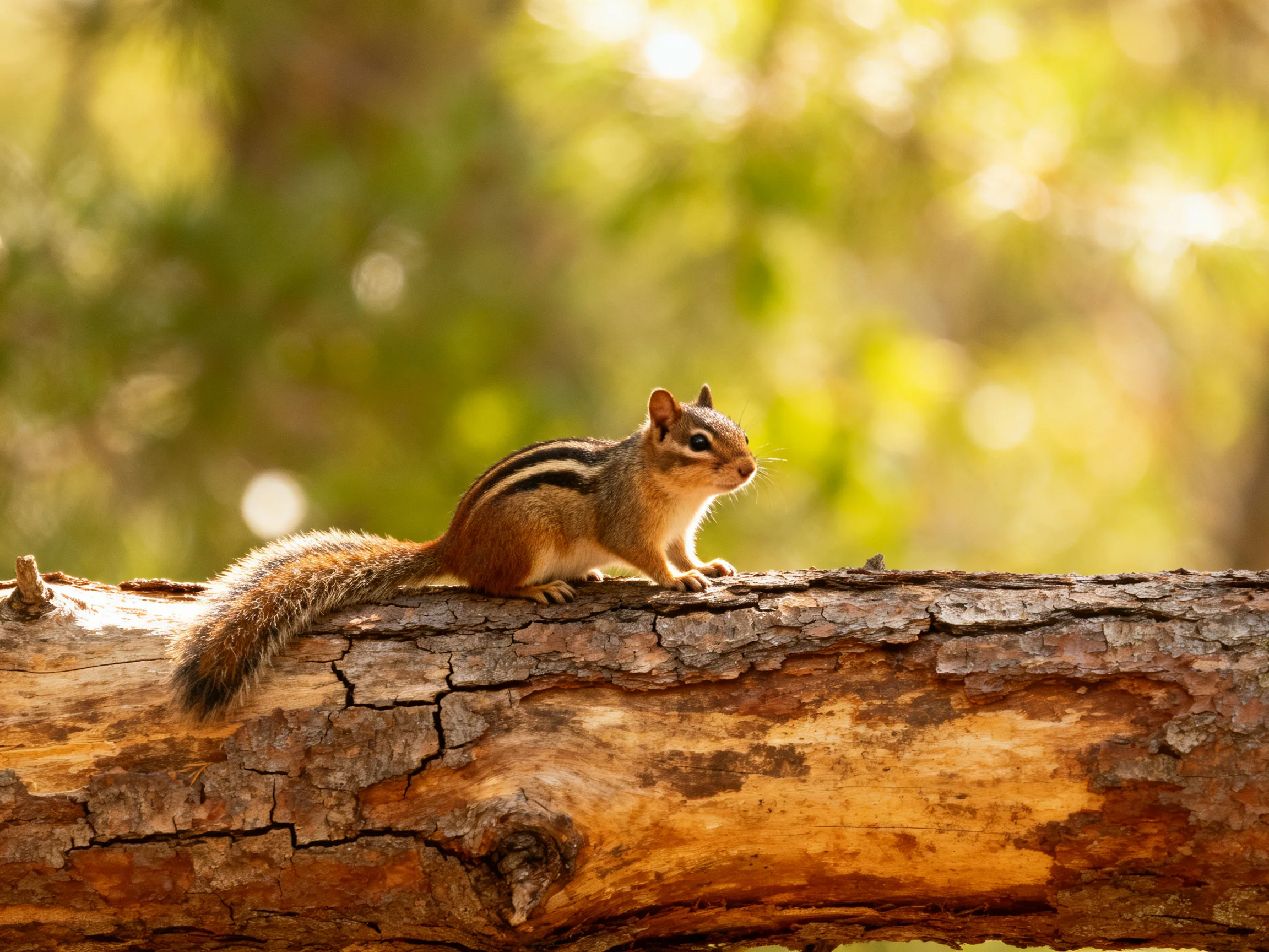A striped chipmunk rests on a large, cracked tree trunk in golden sunlight