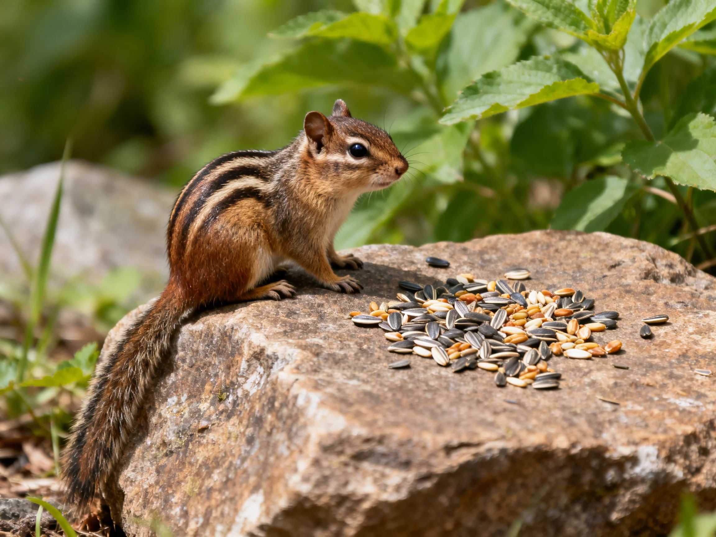 A striped chipmunk sits on a brown rock near assorted birdseed