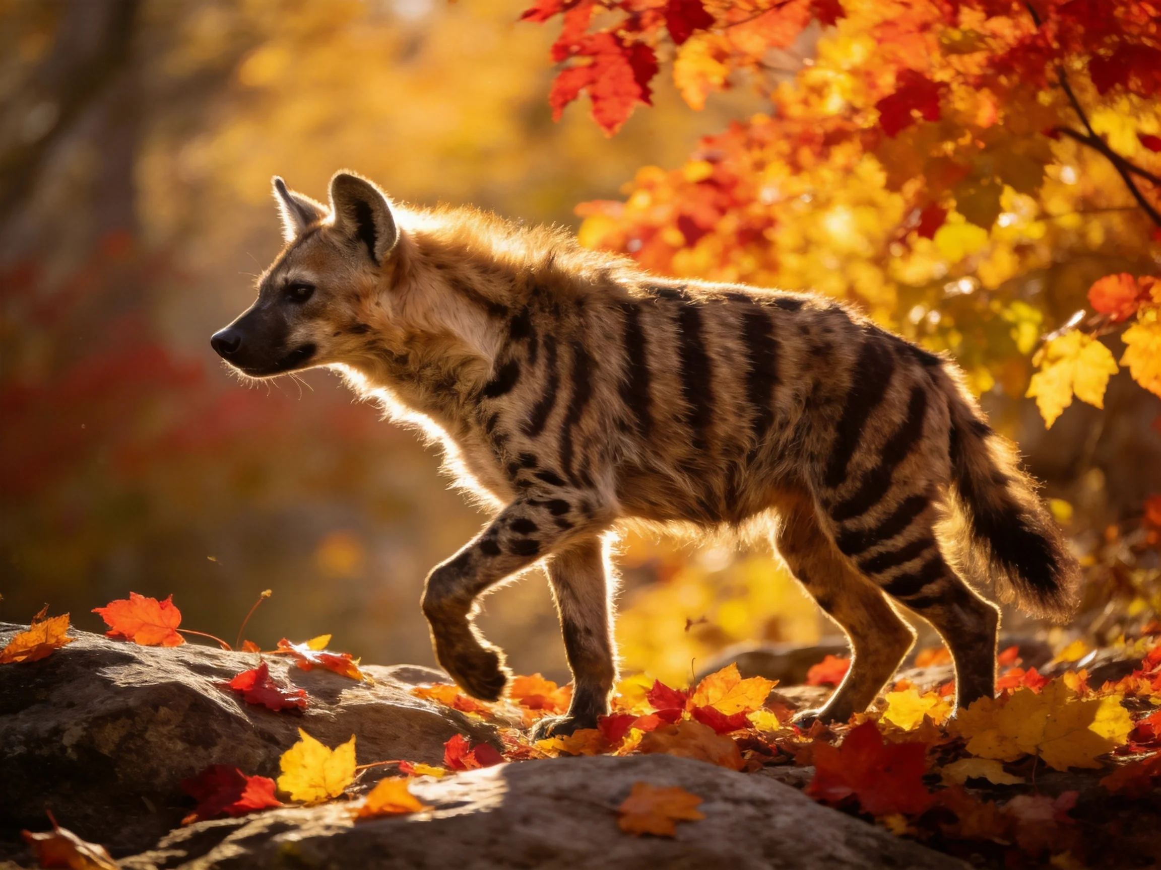 A striped hyena explores rocky terrain amid vibrant autumn leaves