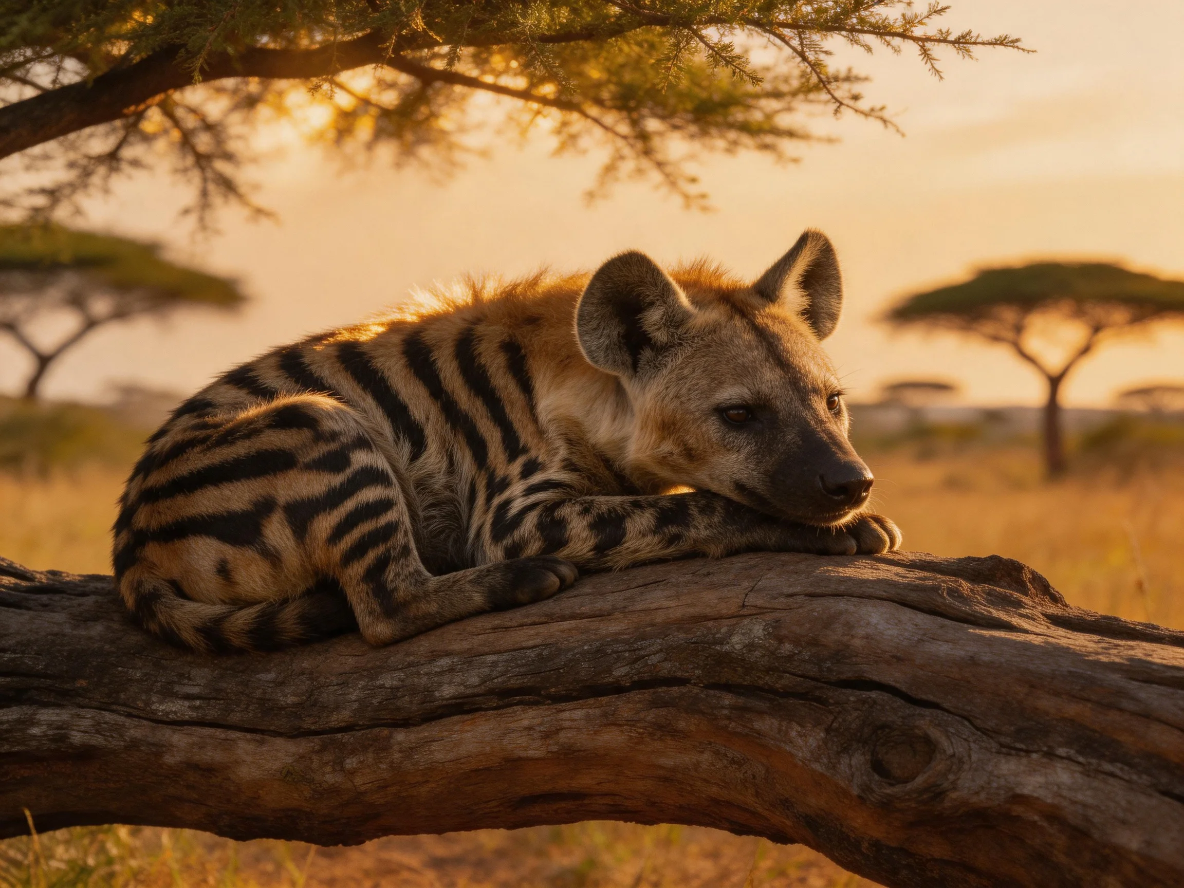 A striped hyena rests on a gnarled log amid golden savannah scenery
