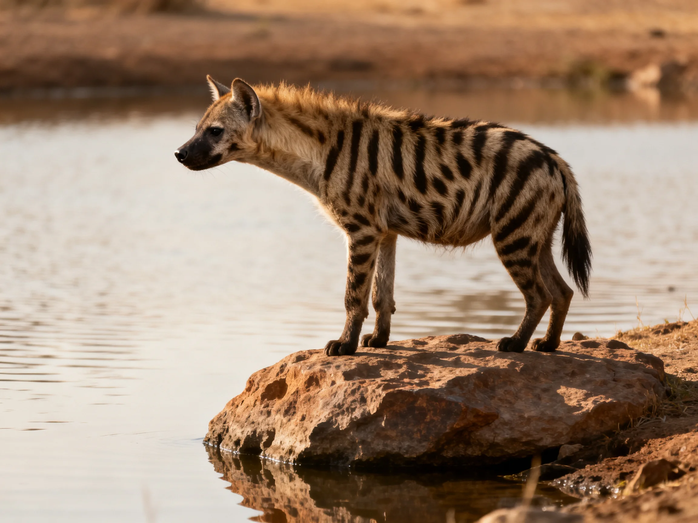 A striped hyena stands on a reddish rock by calm water